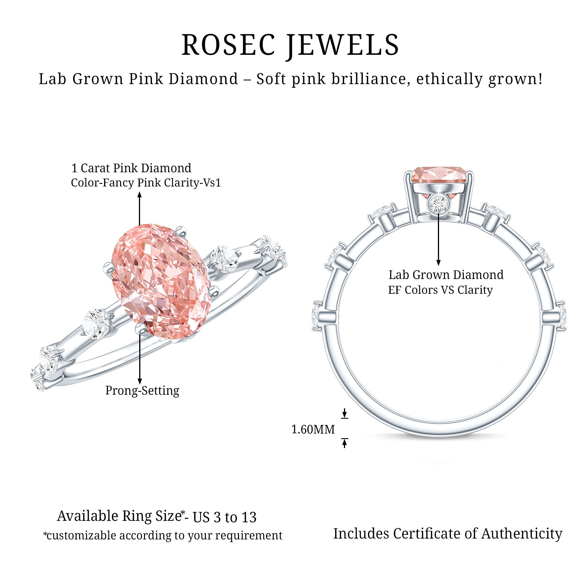 Rosec Jewels-Oval Cut 1 Carat Lab Grown Pink Diamond Solitaire Engagement Ring IGI Certified