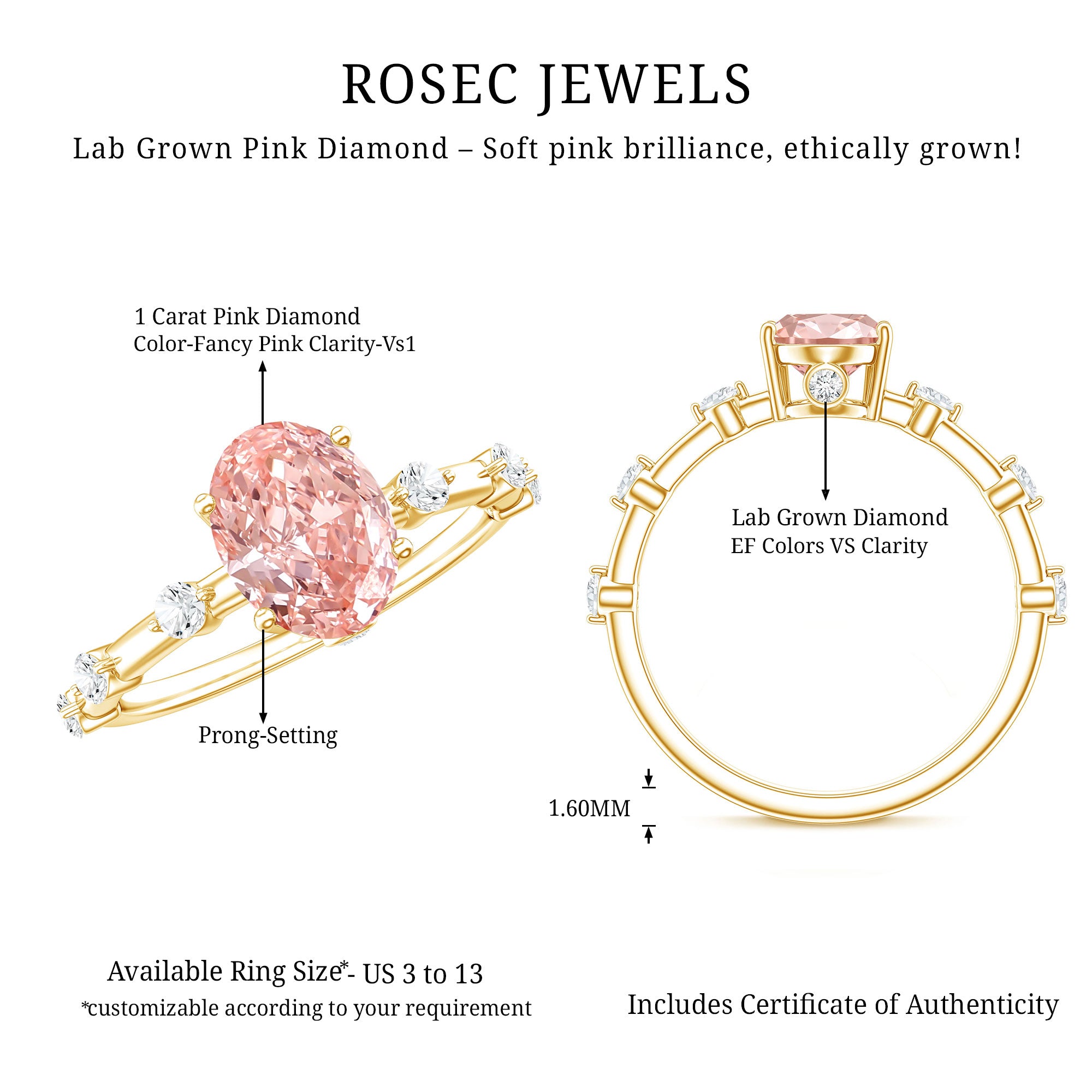 Rosec Jewels-Oval Cut 1 Carat Lab Grown Pink Diamond Solitaire Engagement Ring IGI Certified