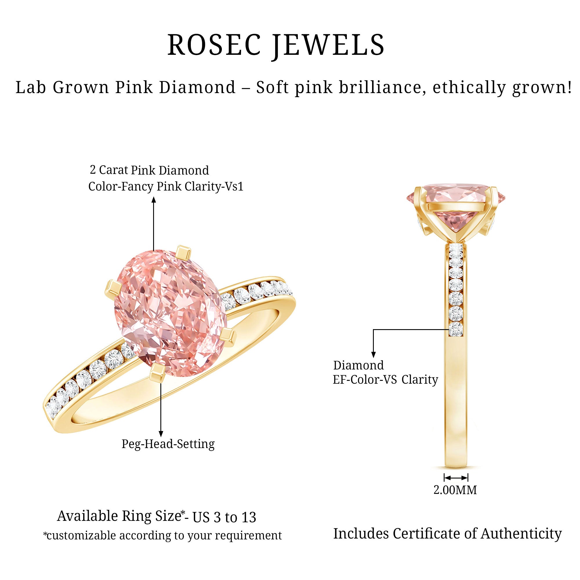 Rosec Jewels-IGI Certified 2 Carat Lab Grown Pink Diamond Oblong Engagement Ring with Side Stones