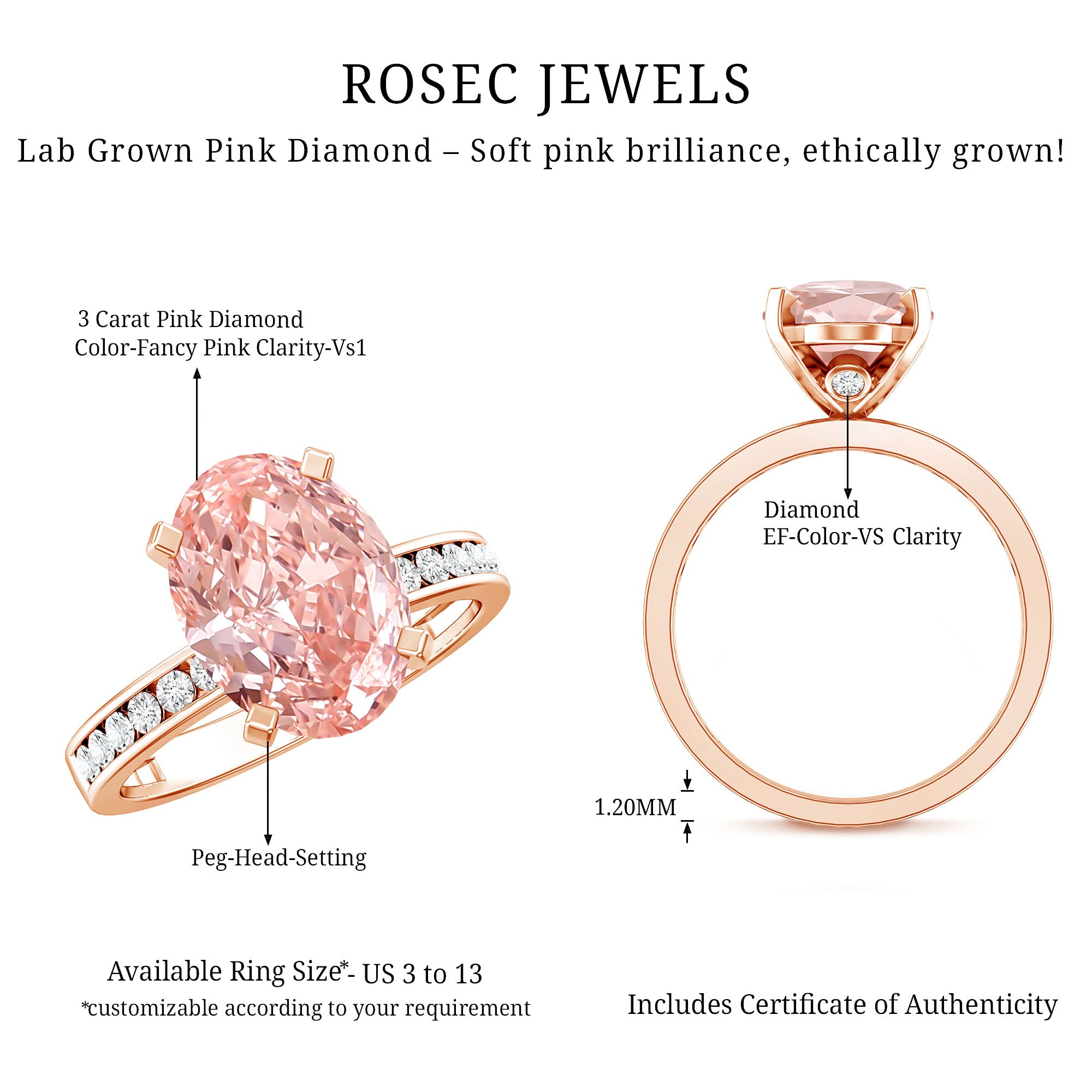 Rosec Jewels-IGI Certified 3 Carat Lab Grown Pink Diamond Oval Solitaire Engagement Ring