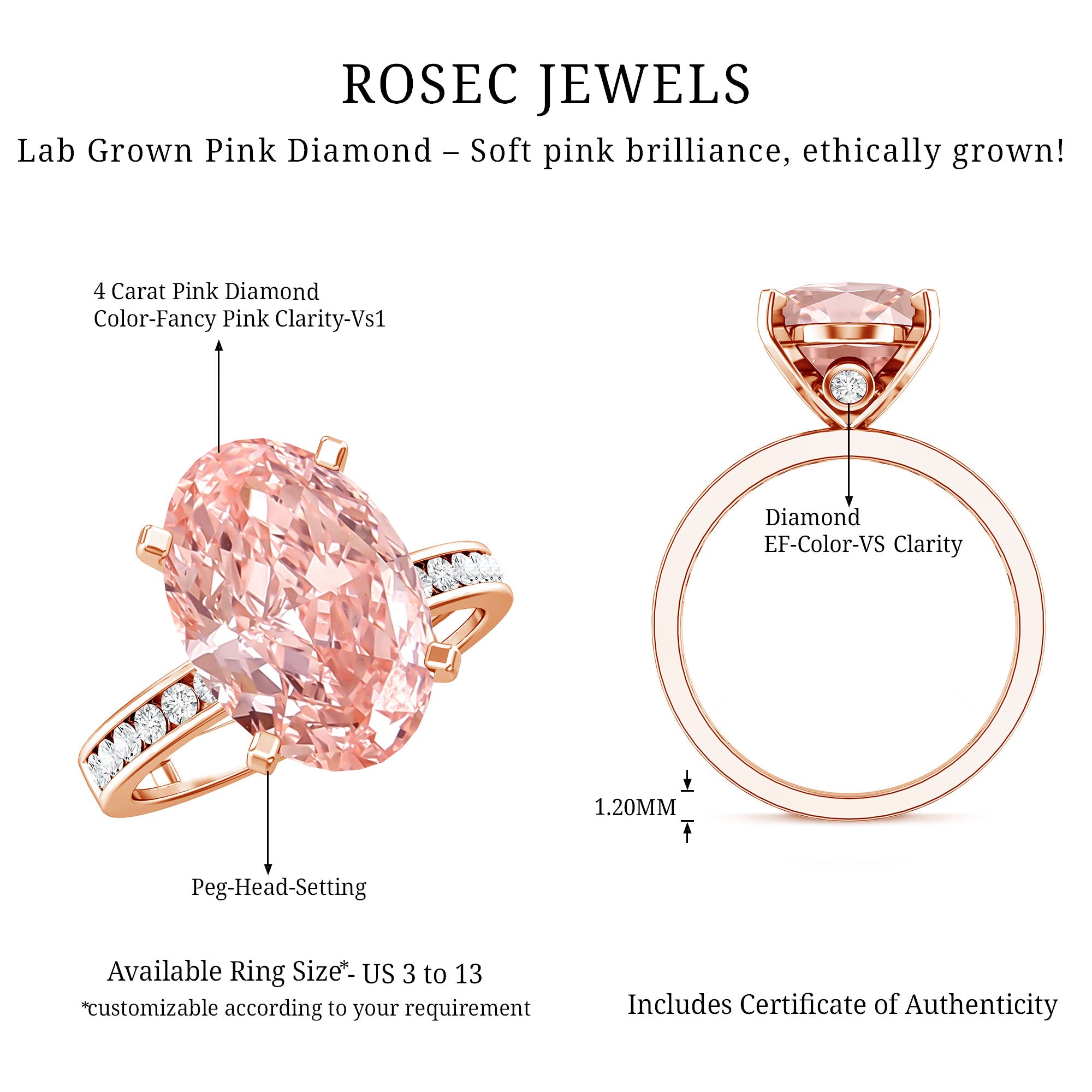 Rosec Jewels-IGI Certified Solitaire Lab Grown Pink Diamond Oval Engagement Ring 4 Carat