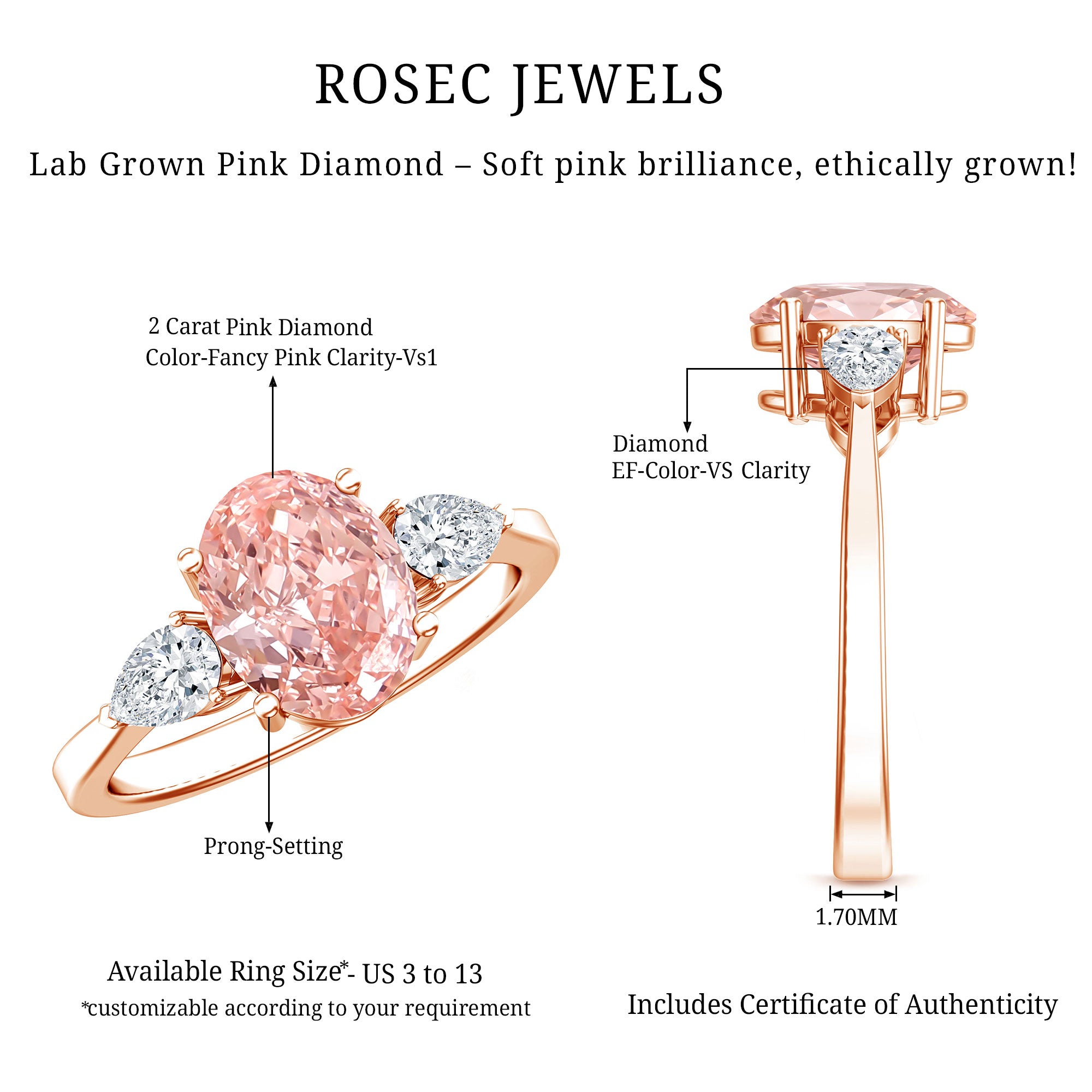 Rosec Jewels-IGI Certified Oval Cut Lab Grown Pink Diamond Three Stone Engagement Ring 2 Carat