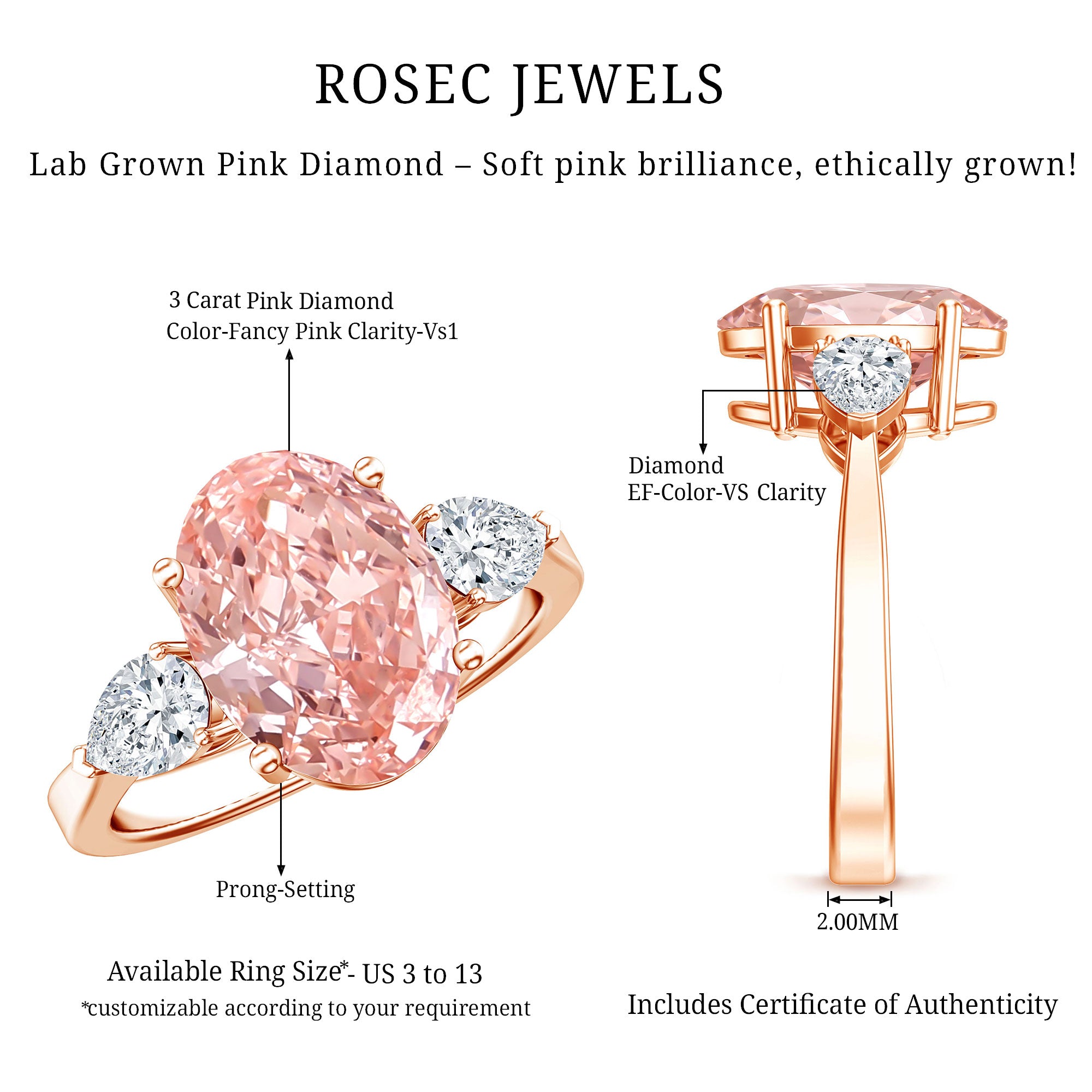 Rosec Jewels-IGI Certified 3 Carat Lab Grown Pink Diamond Triple Stone Engagement Ring for Women