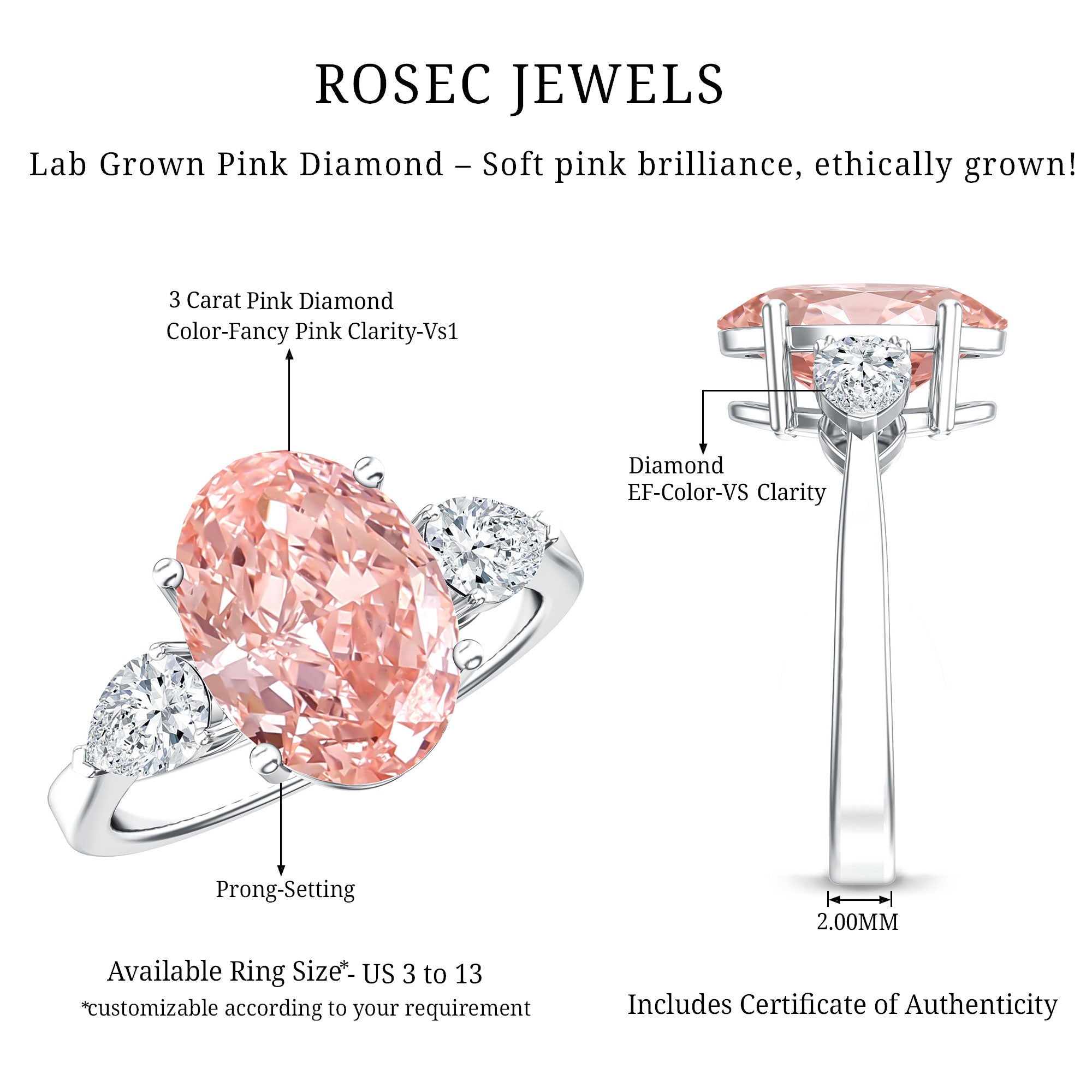 Rosec Jewels-IGI Certified 3 Carat Lab Grown Pink Diamond Triple Stone Engagement Ring for Women