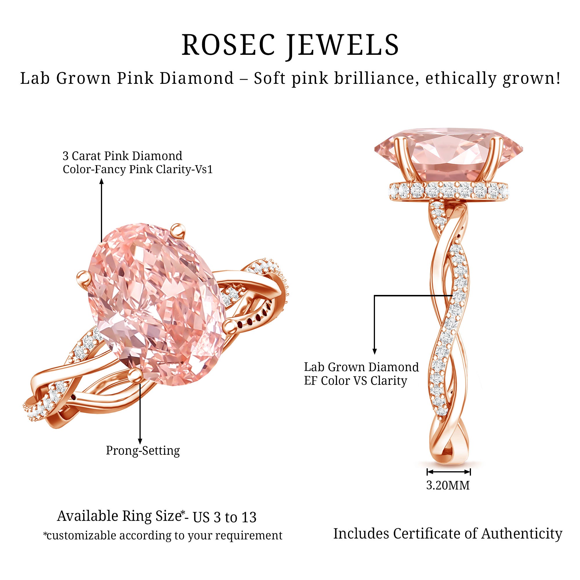Rosec Jewels-IGI Certified 3 Carat Oval Lab Created Pink Diamond Infinity Band Engagement Ring