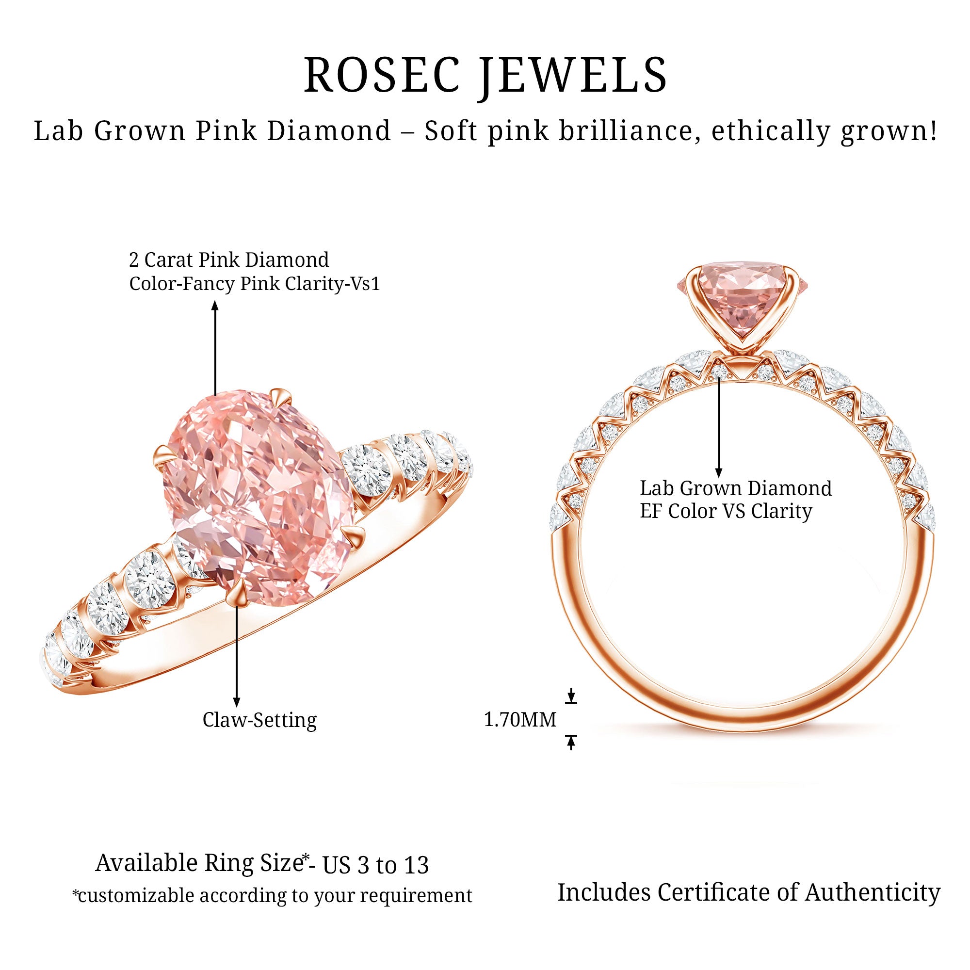 Rosec Jewels-2 Carat Oval Lab Created Pink and White Diamond Engagement Ring with IGI Certificate