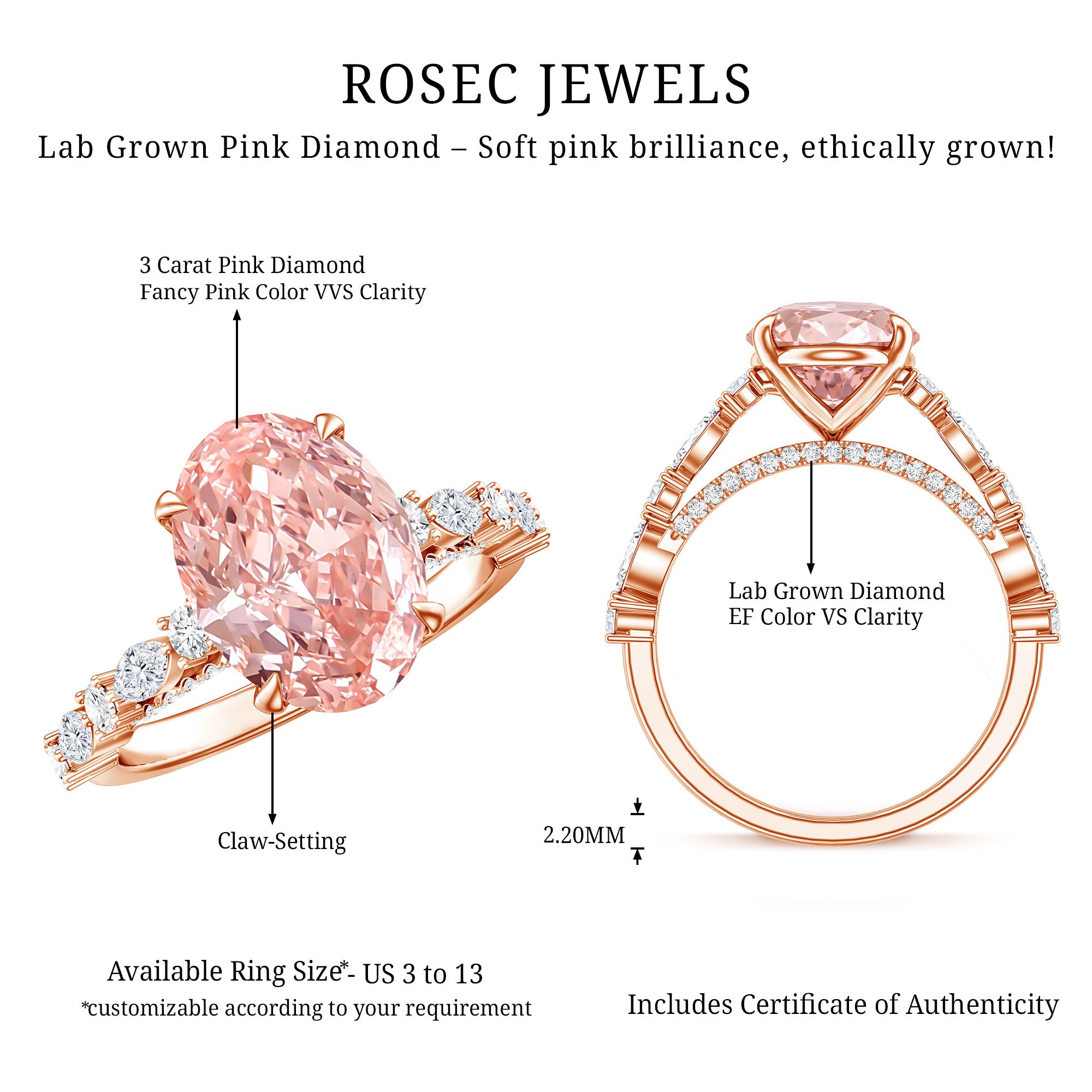 Rosec Jewels-3 Carat Oval Lab Grown Pink Diamond Designer Engagement Ring IGI Certified