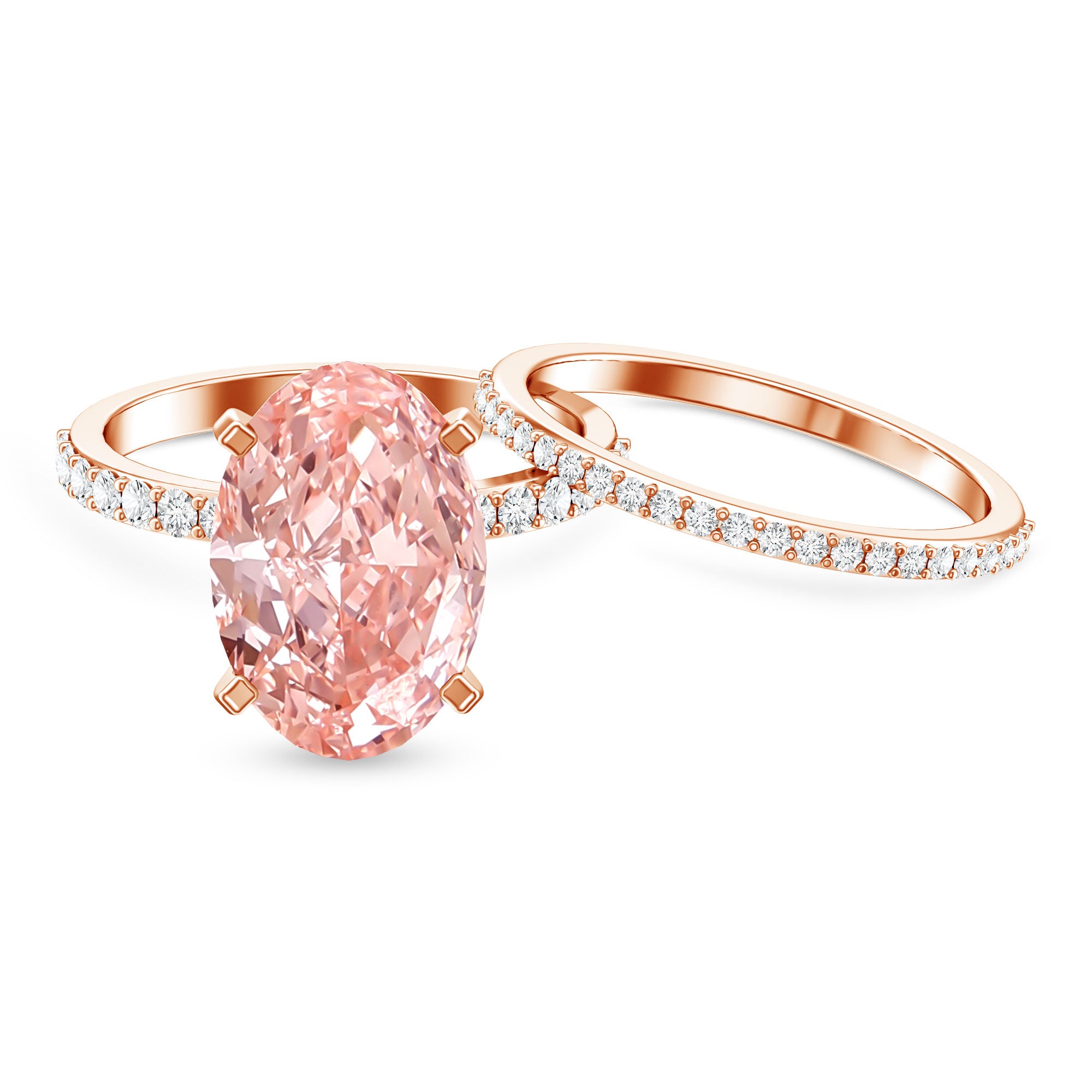 4 Carat Elongated Oval Shape Lab Pink Diamond Solitaire Bridal Ring Set IGI Certified Fancy Pink - VS1 - Rosec Jewels
