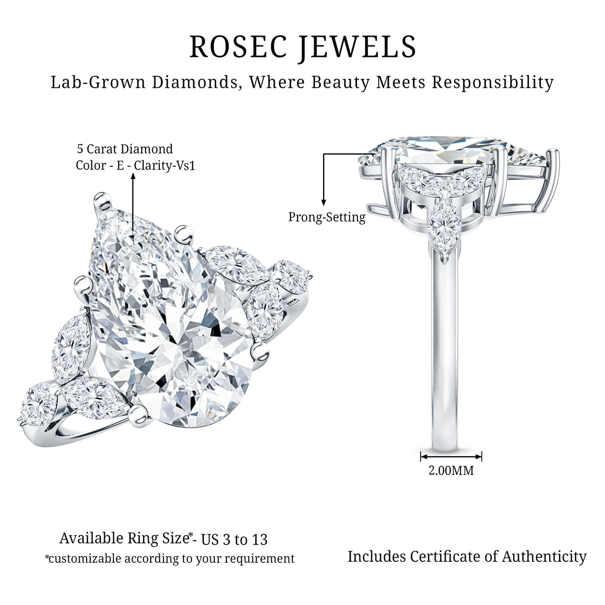 IGI Certified 5 Carat Pear Shaped Lab Grown Diamond Huge Cocktail Ring Lab - ( E-VS1 ) - Rosec Jewels