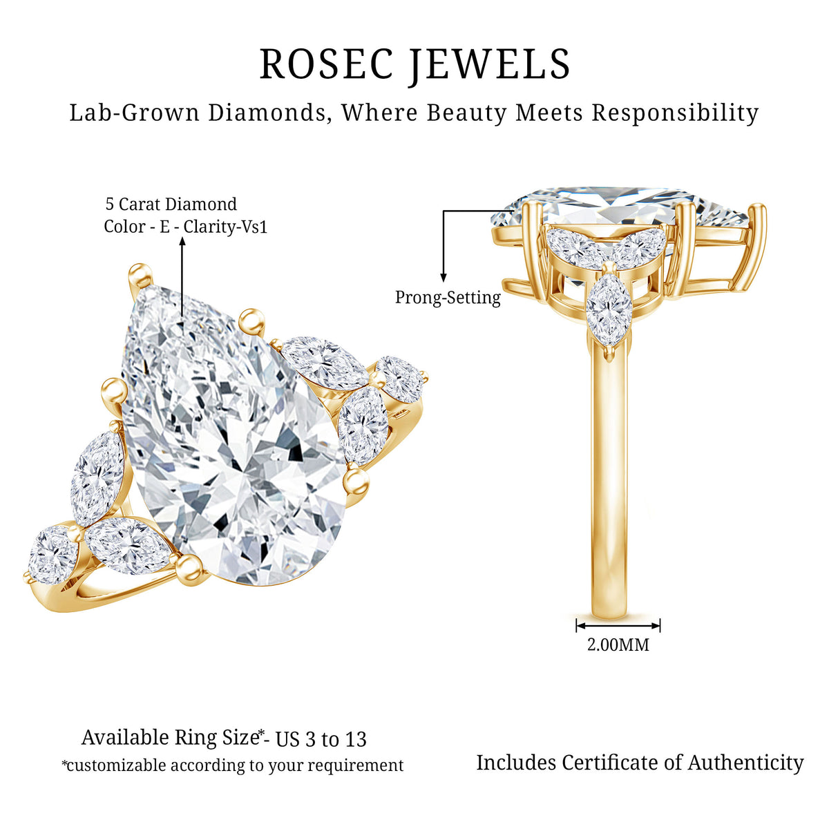 IGI Certified 5 Carat Pear Shaped Lab Grown Diamond Huge Cocktail Ring Lab - ( E-VS1 ) - Rosec Jewels