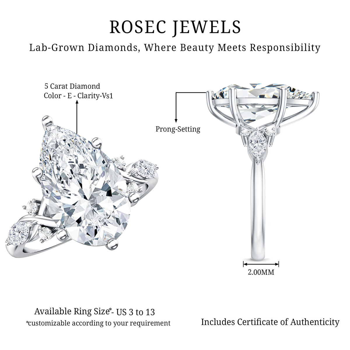 IGI Certified 5 Carat Pear Cut Lab Grown Diamond Big Statement Ring Lab - ( E-VS1 ) - Rosec Jewels