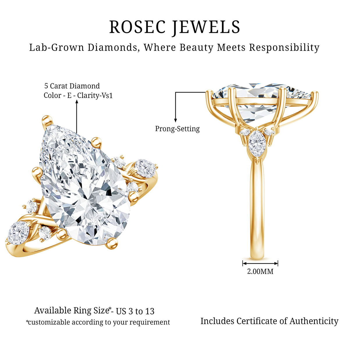 IGI Certified 5 Carat Pear Cut Lab Grown Diamond Big Statement Ring Lab - ( E-VS1 ) - Rosec Jewels