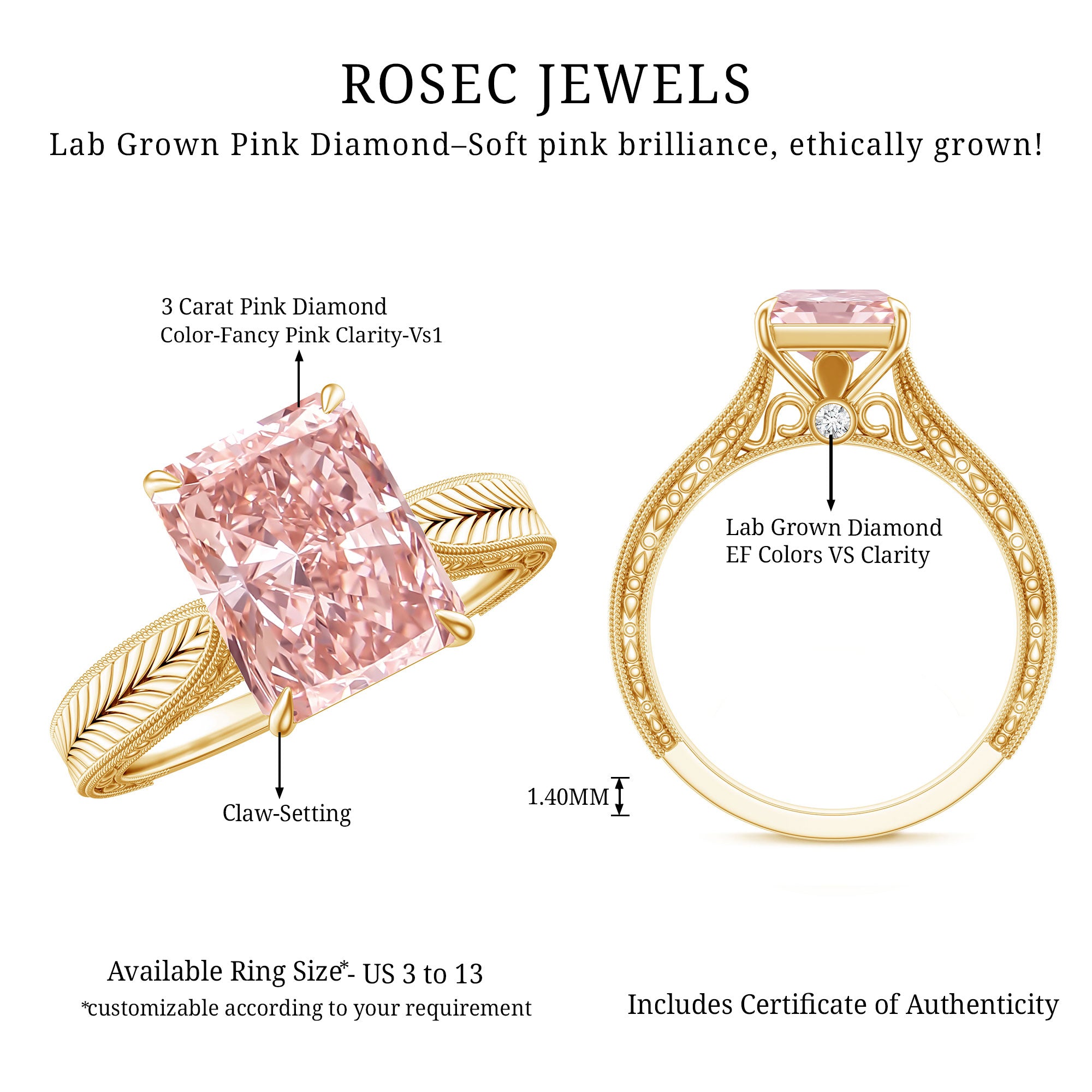 Rosec Jewels-3 Carat Lab Grown Pink Diamond Vintage Engagement Ring with IGI Certificate