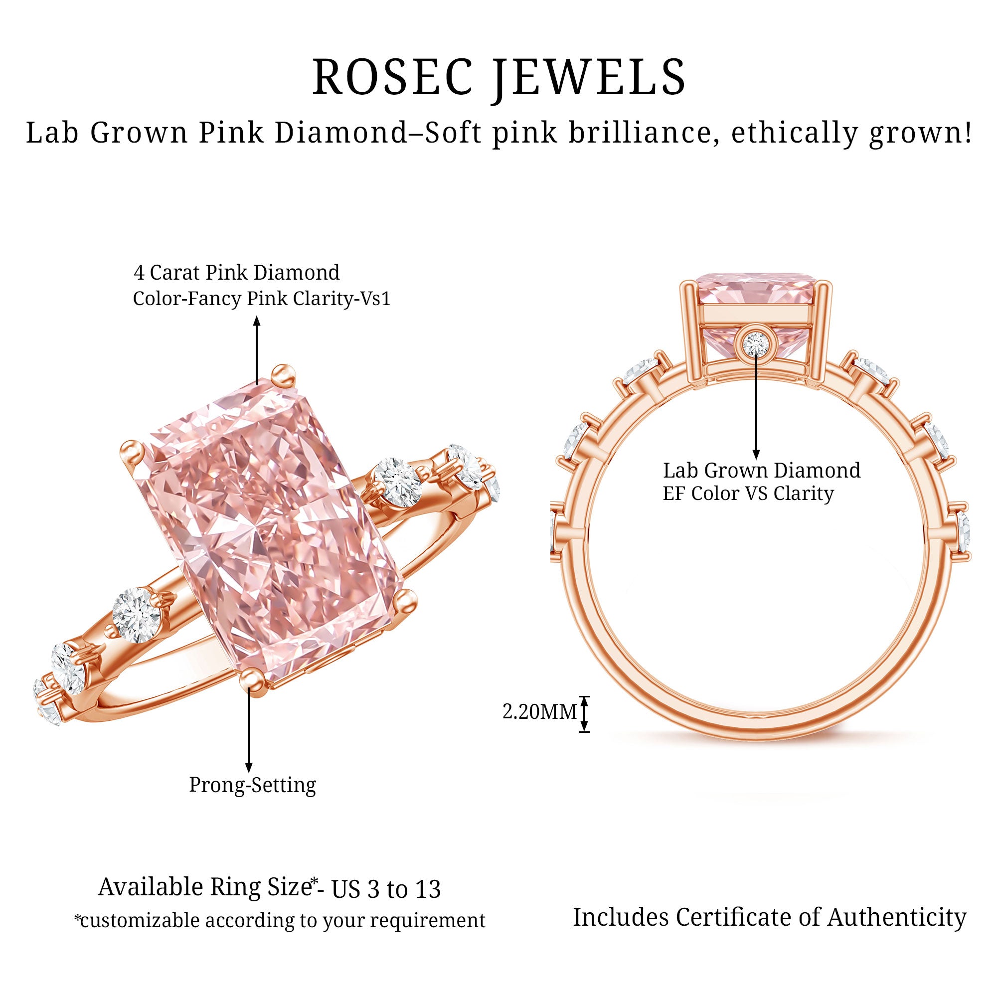 Rosec Jewels-IGI Certified 4 Carat Lab Grown Pink and White Diamond Radiant Cut Engagement Ring