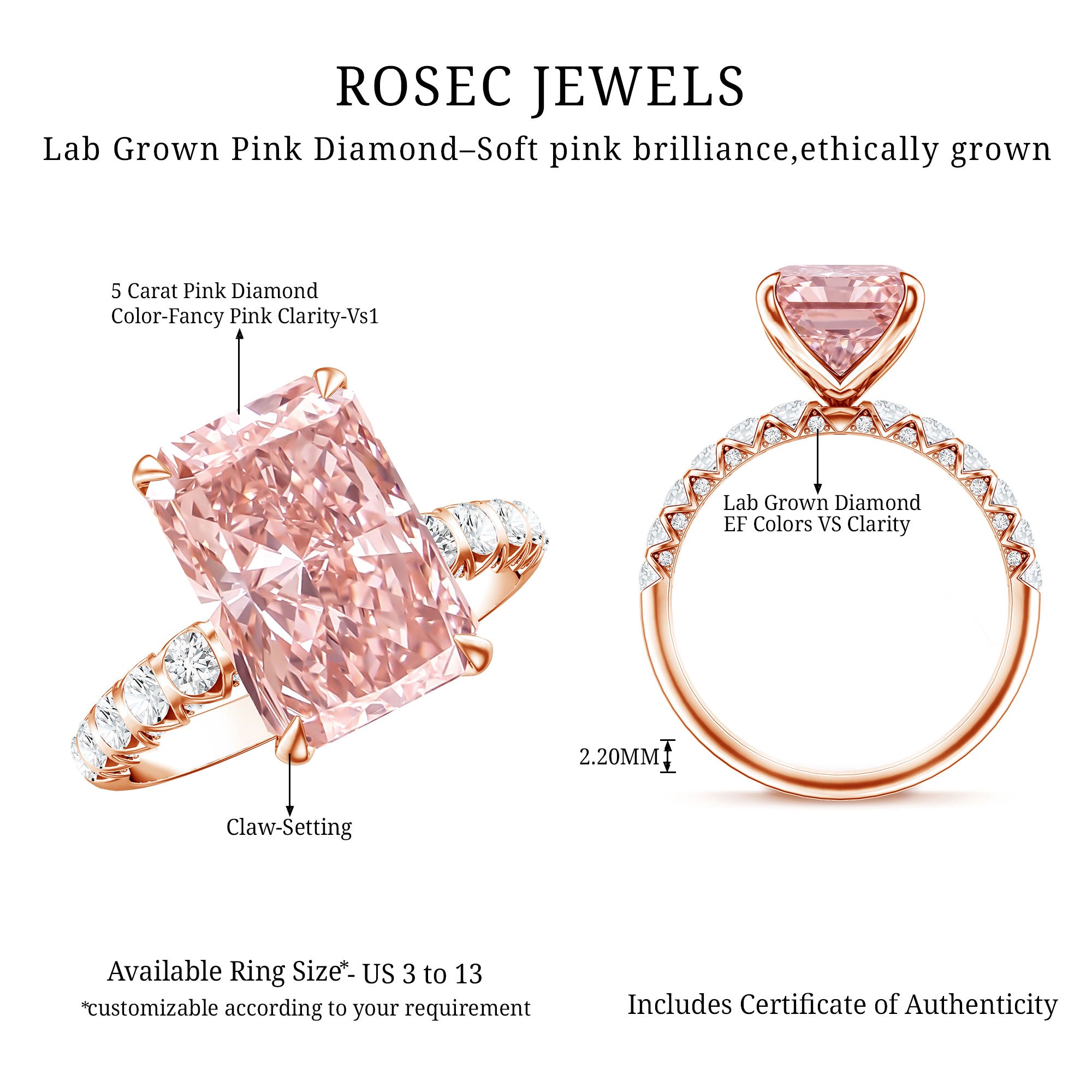 Rosec Jewels-5 Carat Radiant Lab Grown Pink Diamond Huge Statement Ring with IGI Certificate