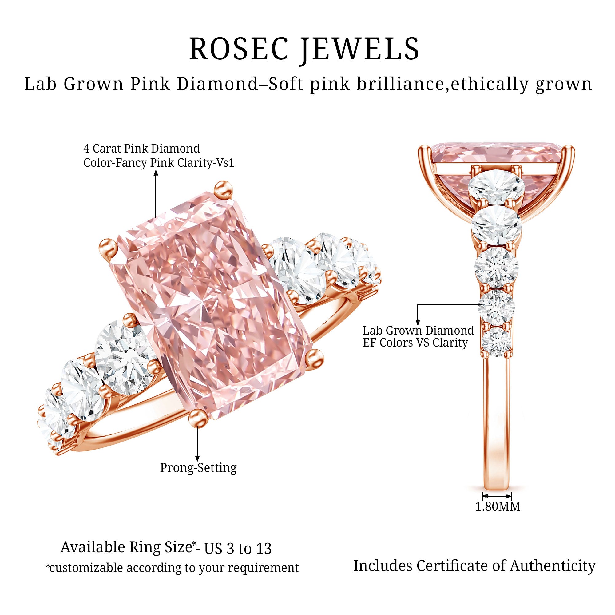 Rosec Jewels-IGI Certified Radiant Cut Lab Grown 4 Carat Pink Diamond Engagement Ring with Side Stones