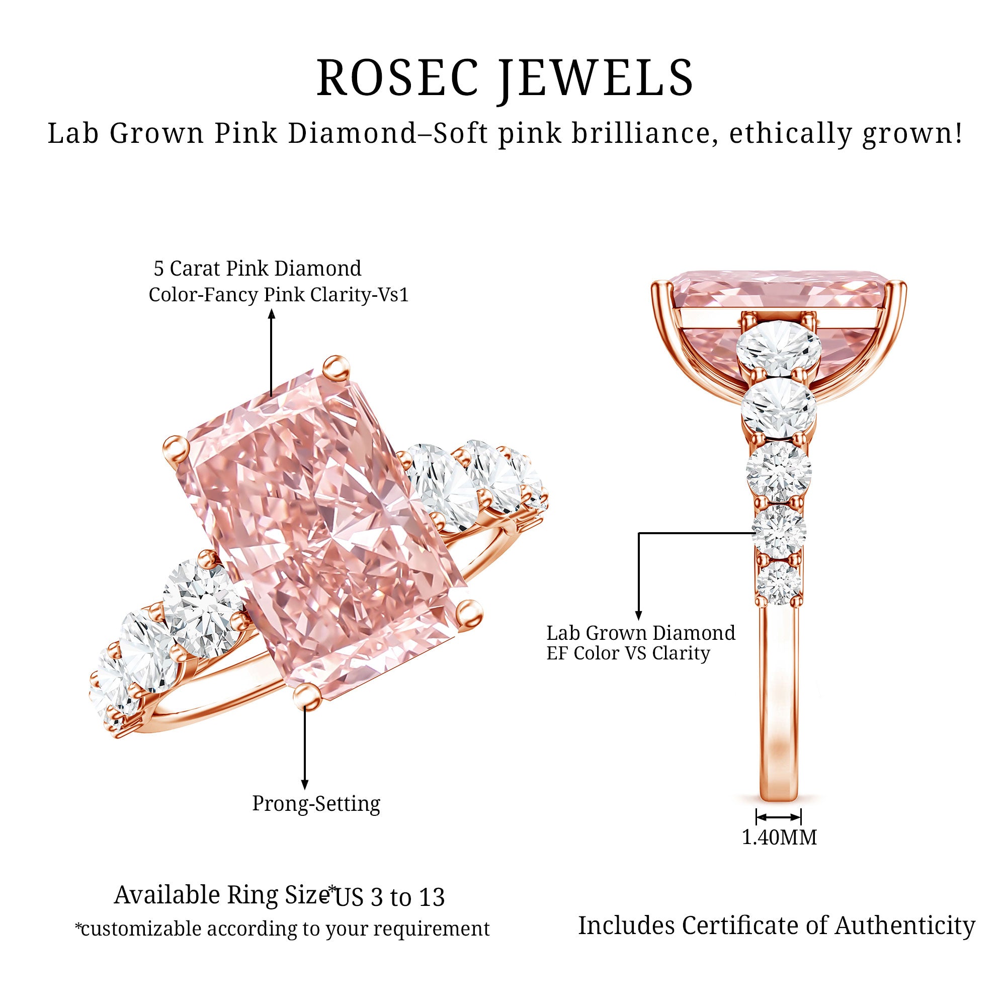 Rosec Jewels-5 Carat Radiant Lab Grown Pink and White Diamond Side Stone Engagement Ring IGI Certified