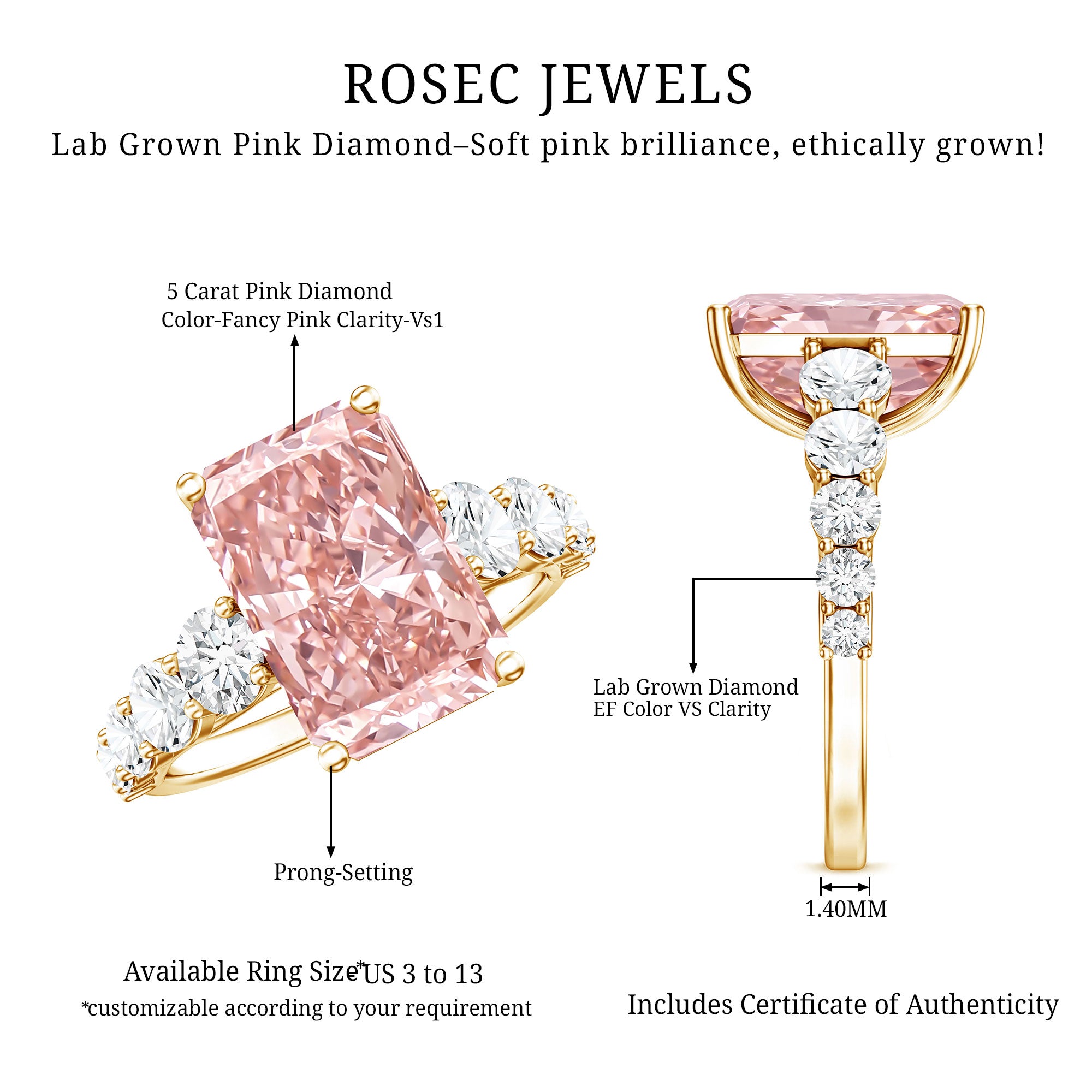 Rosec Jewels-5 Carat Radiant Lab Grown Pink and White Diamond Side Stone Engagement Ring IGI Certified