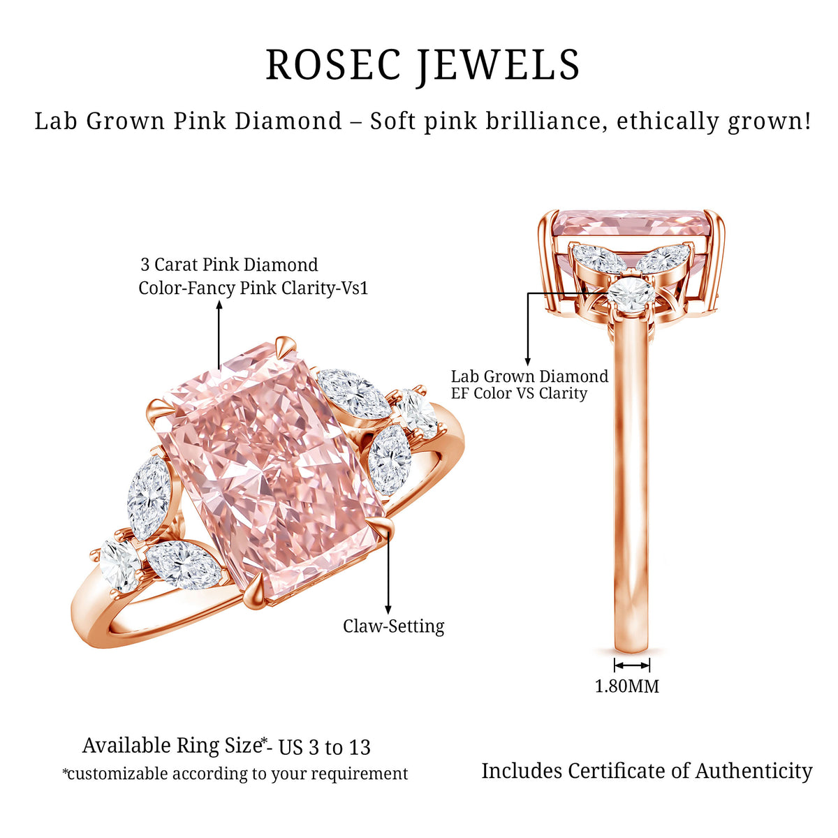 3 Carat Radiant Cut Lab Pink Diamond Engagement Ring IGI Certified Fancy Pink - VS1 - Rosec Jewels