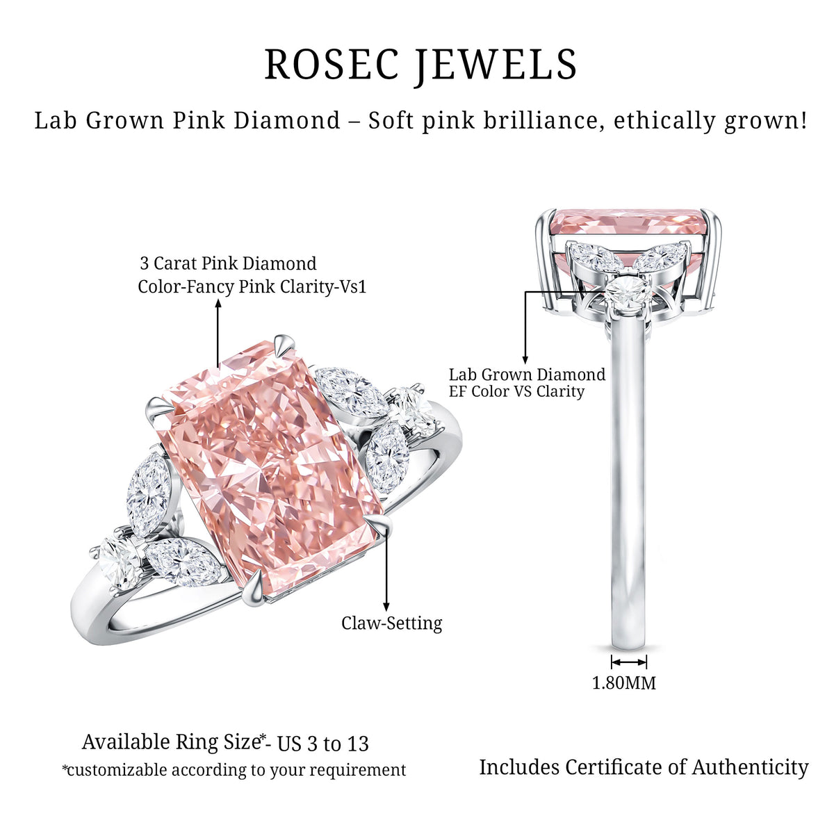3 Carat Radiant Cut Lab Pink Diamond Engagement Ring IGI Certified Fancy Pink - VS1 - Rosec Jewels