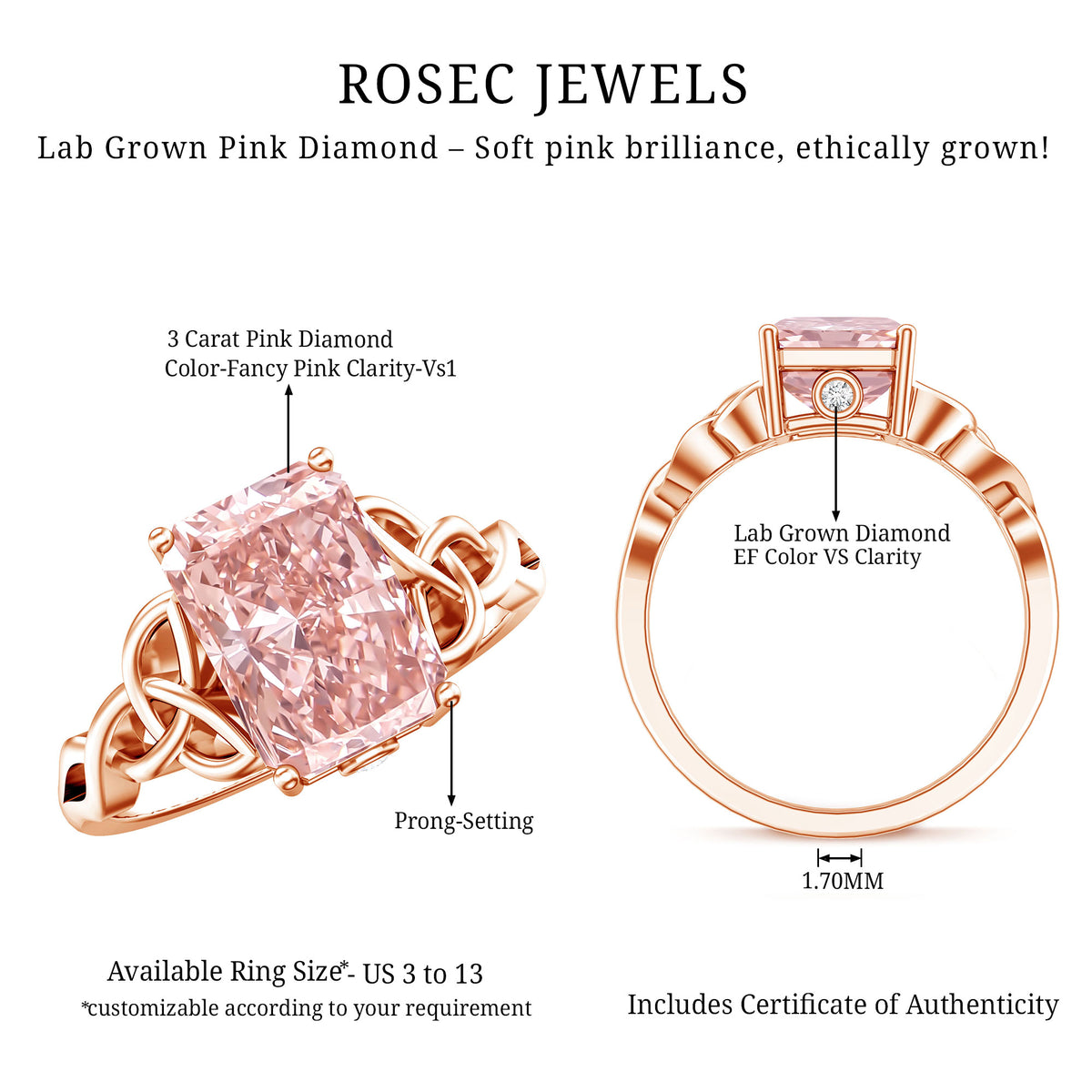3 Carat Radiant Cut Lab Pink Diamond Celtic Engagement Ring with IGI Certificate Fancy Pink - VS1 - Rosec Jewels