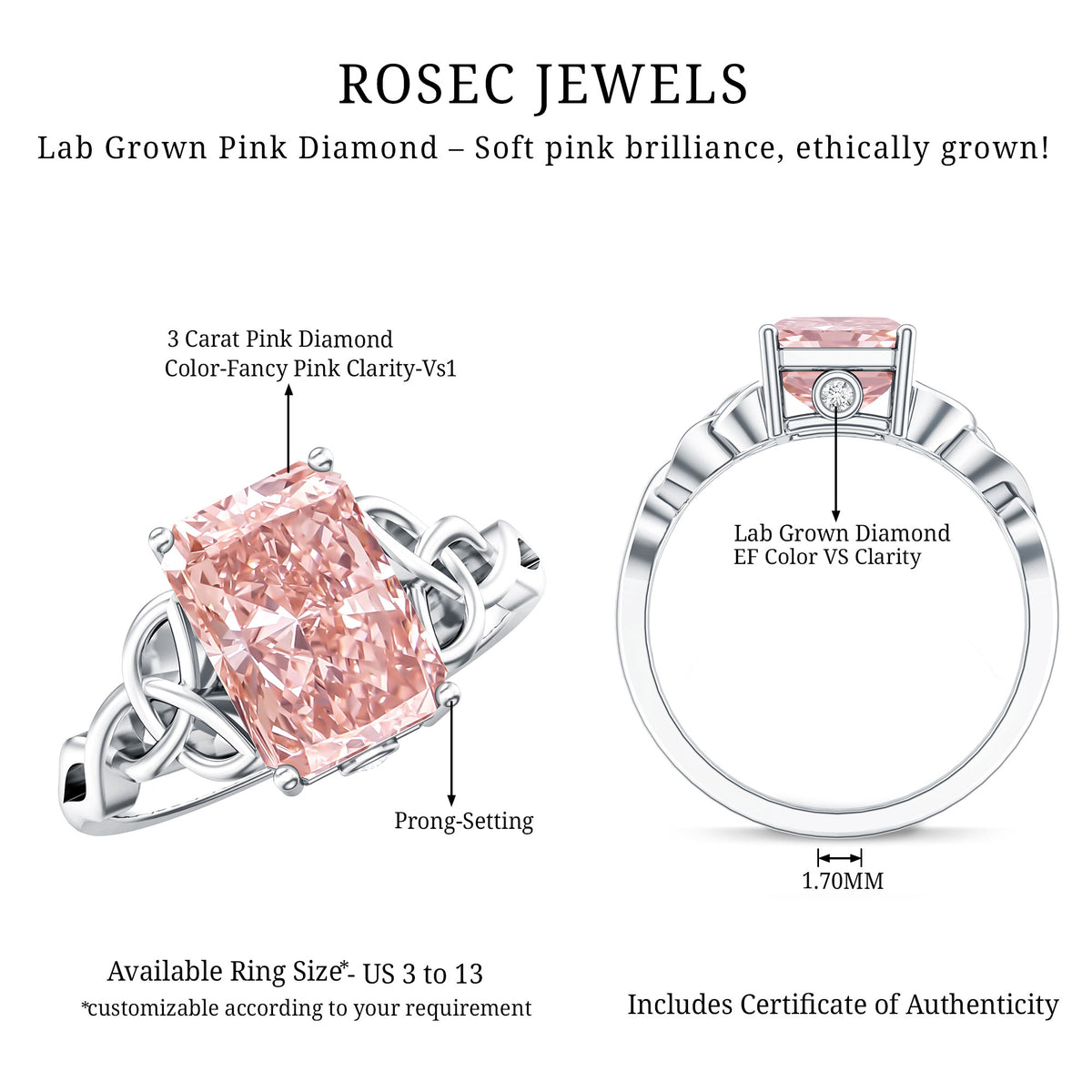 3 Carat Radiant Cut Lab Pink Diamond Celtic Engagement Ring with IGI Certificate Fancy Pink - VS1 - Rosec Jewels