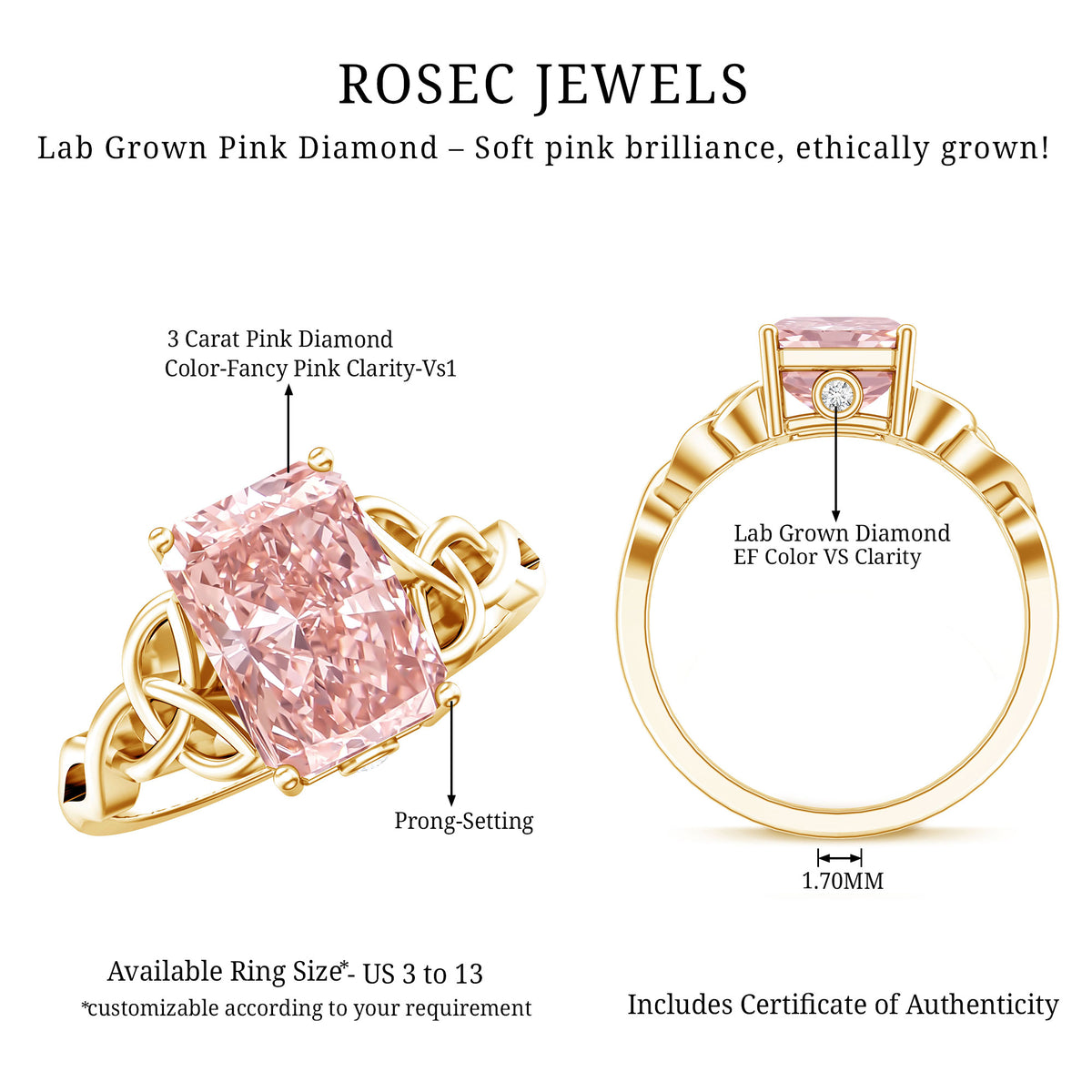 3 Carat Radiant Cut Lab Pink Diamond Celtic Engagement Ring with IGI Certificate Fancy Pink - VS1 - Rosec Jewels