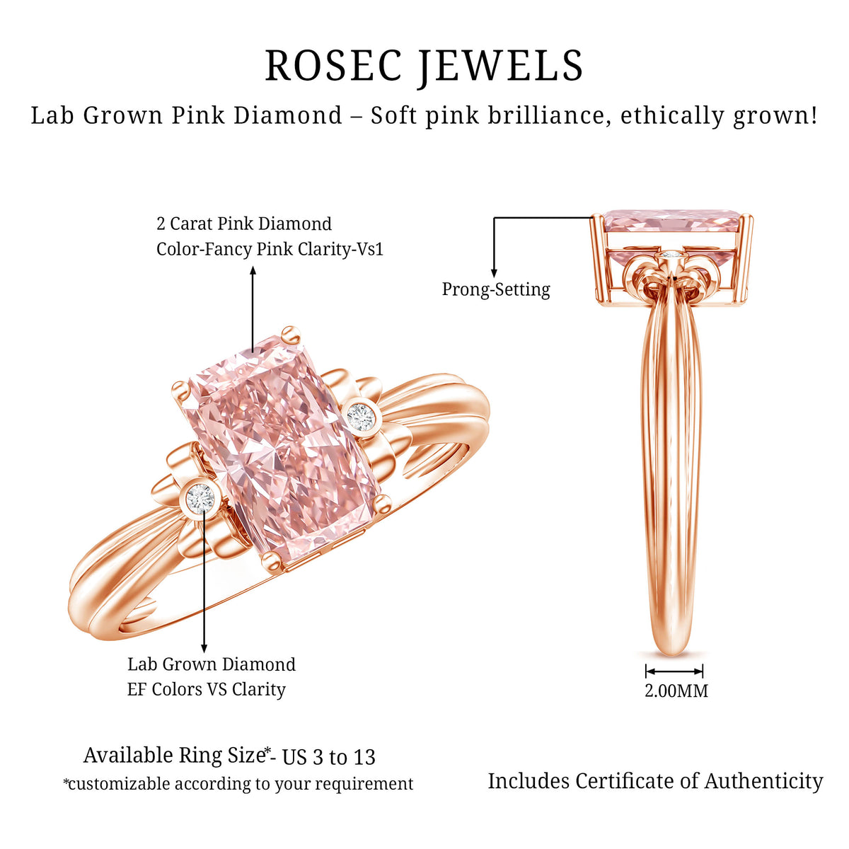 Lab Grown 2 Carat Fancy Pink Diamond Solitaire Engagement Ring IGI Certified Fancy Pink - VS1 - Rosec Jewels
