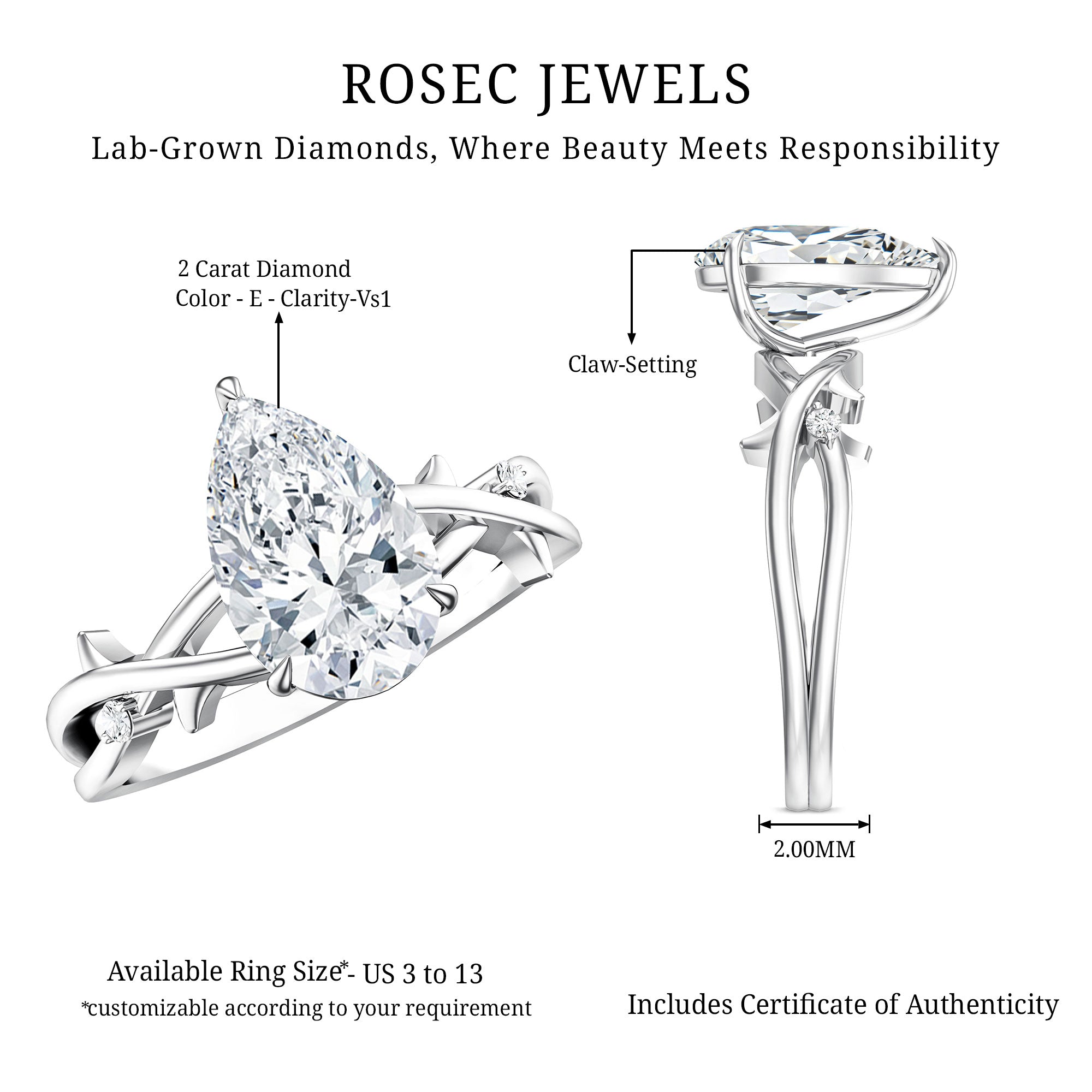 2 Carat Lab Grown Pear Cut Diamond Nature Engagement Ring with IGI Certificate Lab - ( E-VS1 ) - Rosec Jewels
