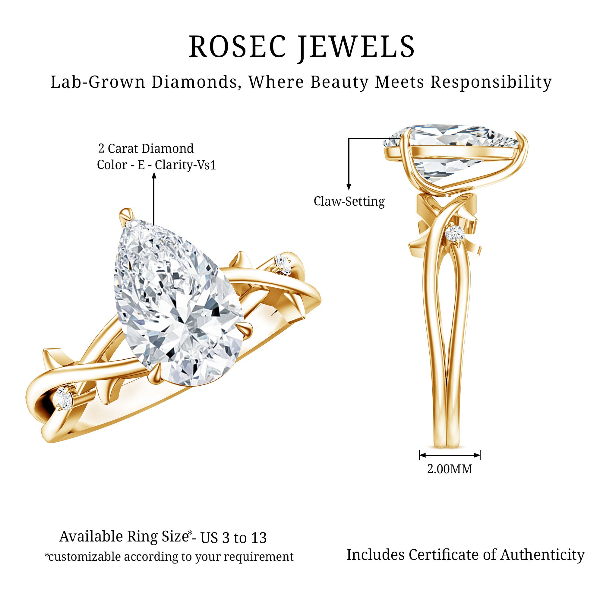 2 Carat Lab Grown Pear Cut Diamond Nature Engagement Ring with IGI Certificate Lab - ( E-VS1 ) - Rosec Jewels
