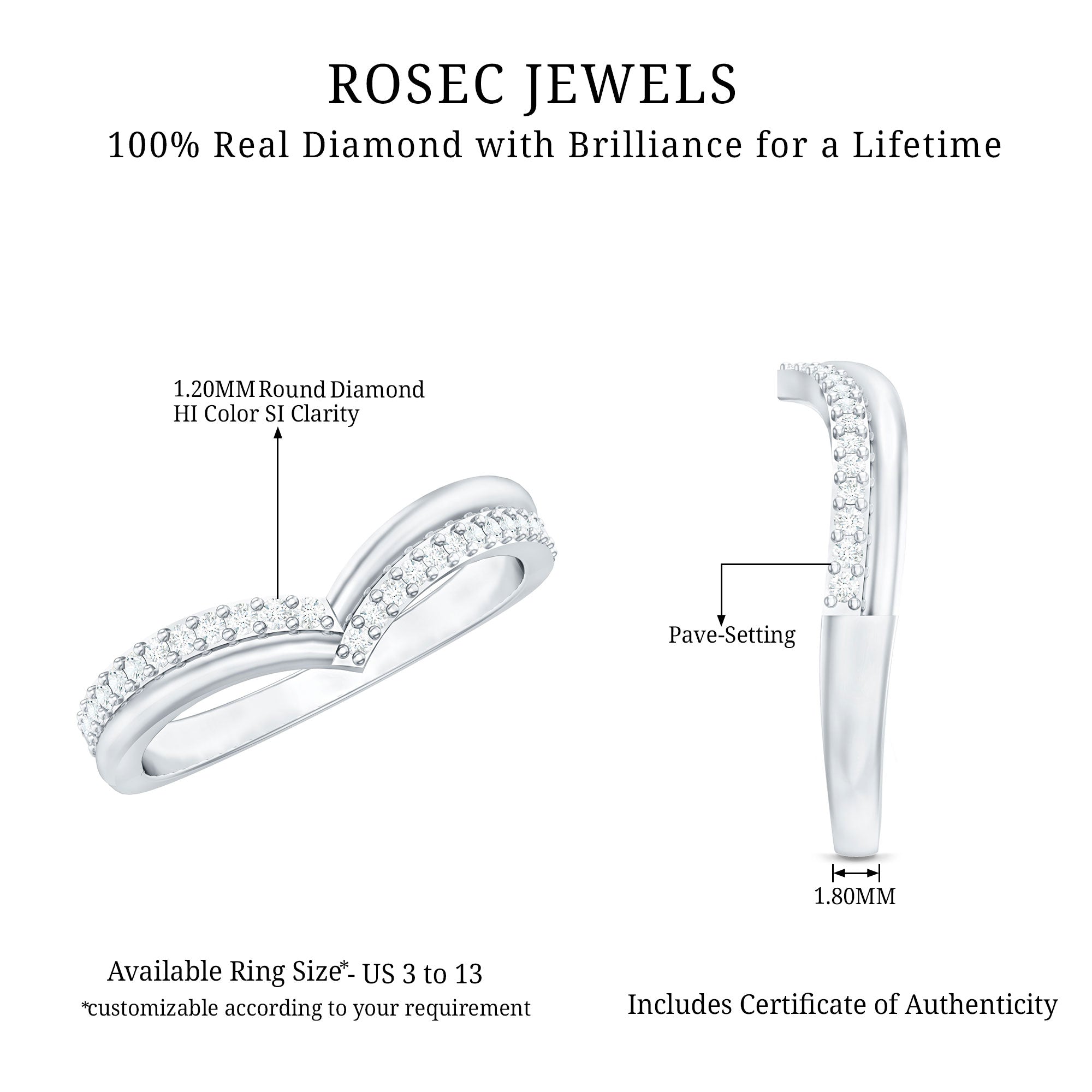 Pave Set Round Cut Natural Diamond Chevron Ring Natural - ( HI-SI ) - Rosec Jewels