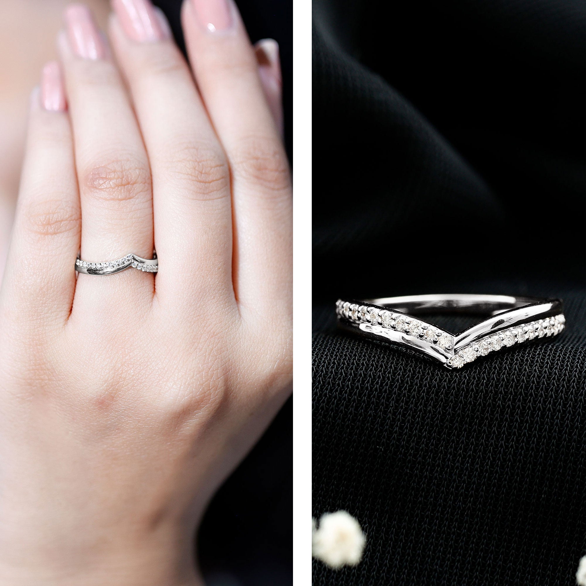 Pave Set Round Cut Natural Diamond Chevron Ring Natural - ( HI-SI ) - Rosec Jewels