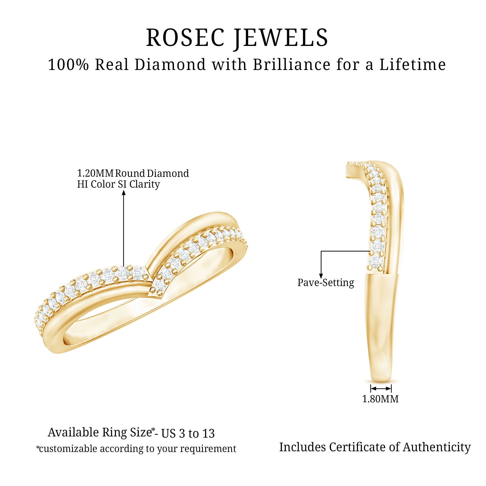 Pave Set Round Cut Natural Diamond Chevron Ring Natural - ( HI-SI ) - Rosec Jewels
