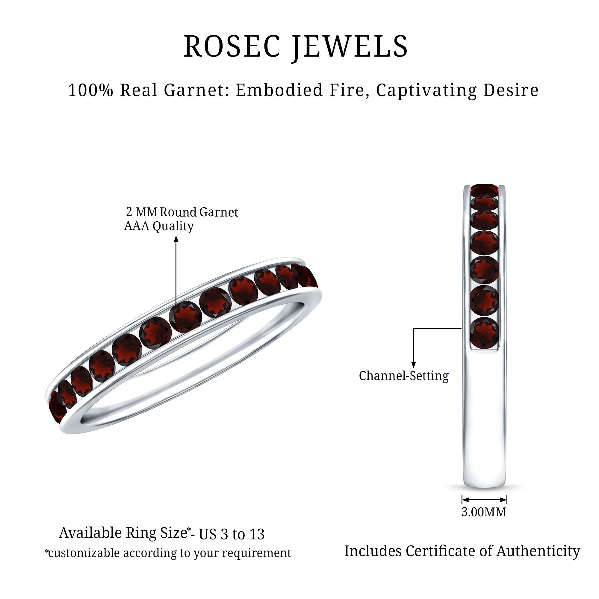 Certified Real Garnet Half Eternity Ring in Channel Setting AAA - Rosec Jewels