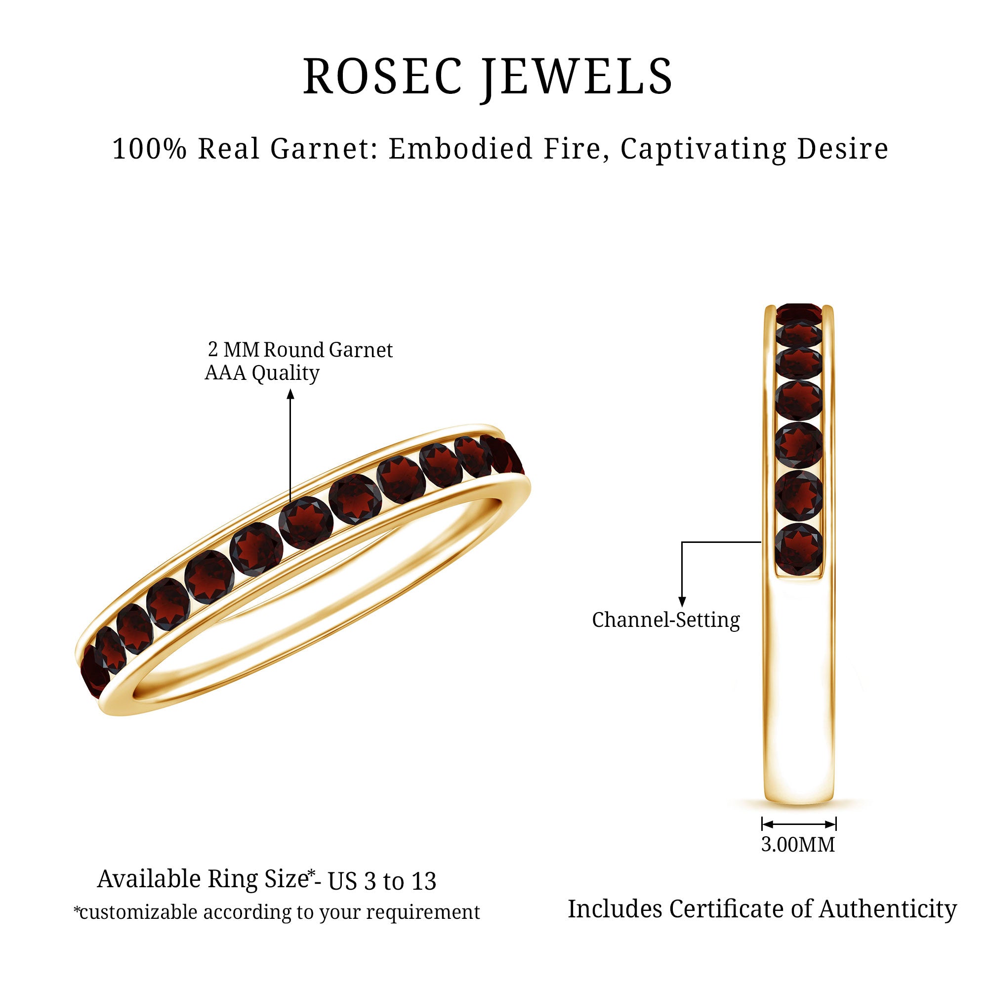 Certified Real Garnet Half Eternity Ring in Channel Setting AAA - Rosec Jewels