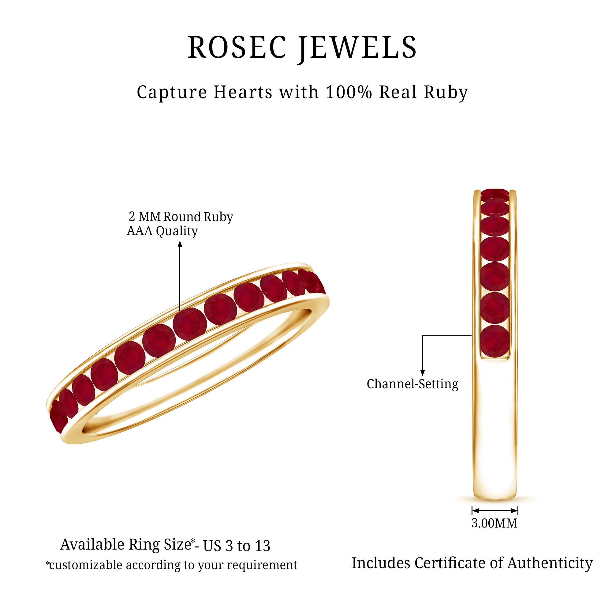 Natural Ruby Half Eternity Anniversary Ring in Channel Set AAA - Rosec Jewels