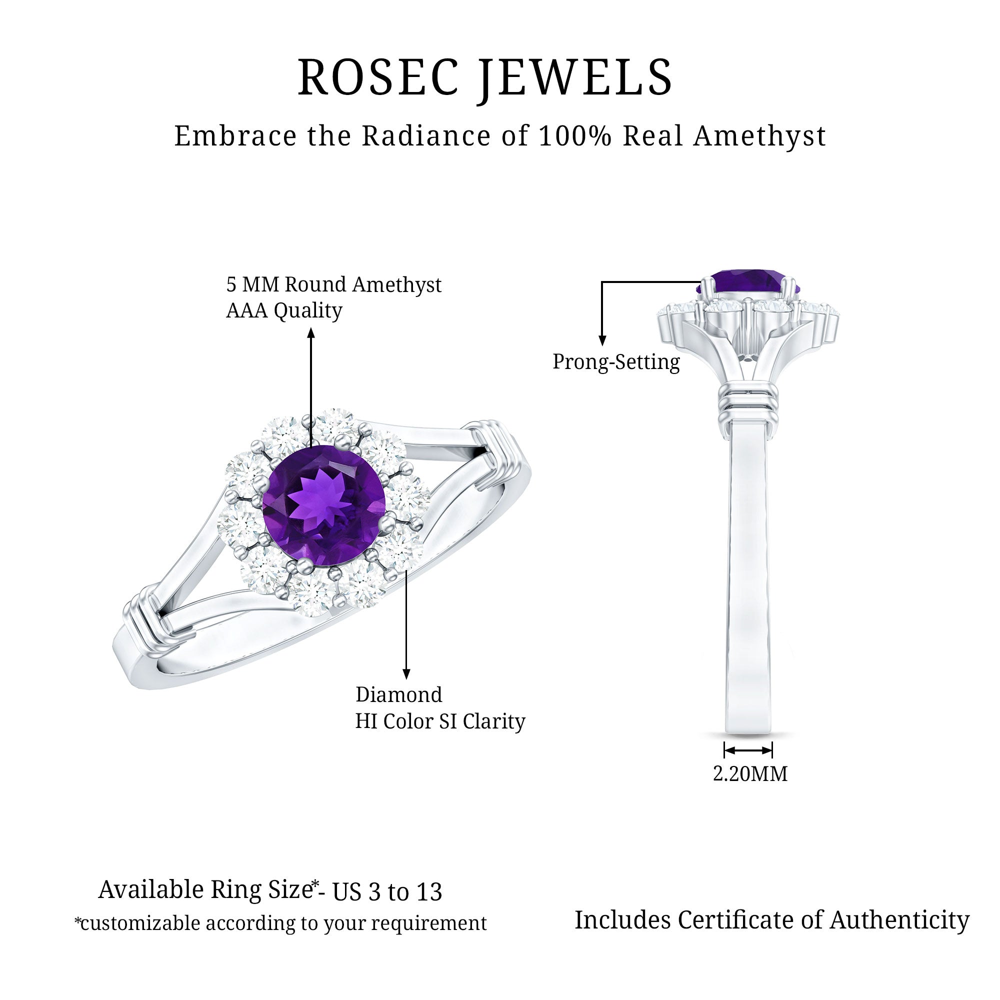 Rosec Jewels-1 CT Amethyst and Diamond Halo Split Shank Ring