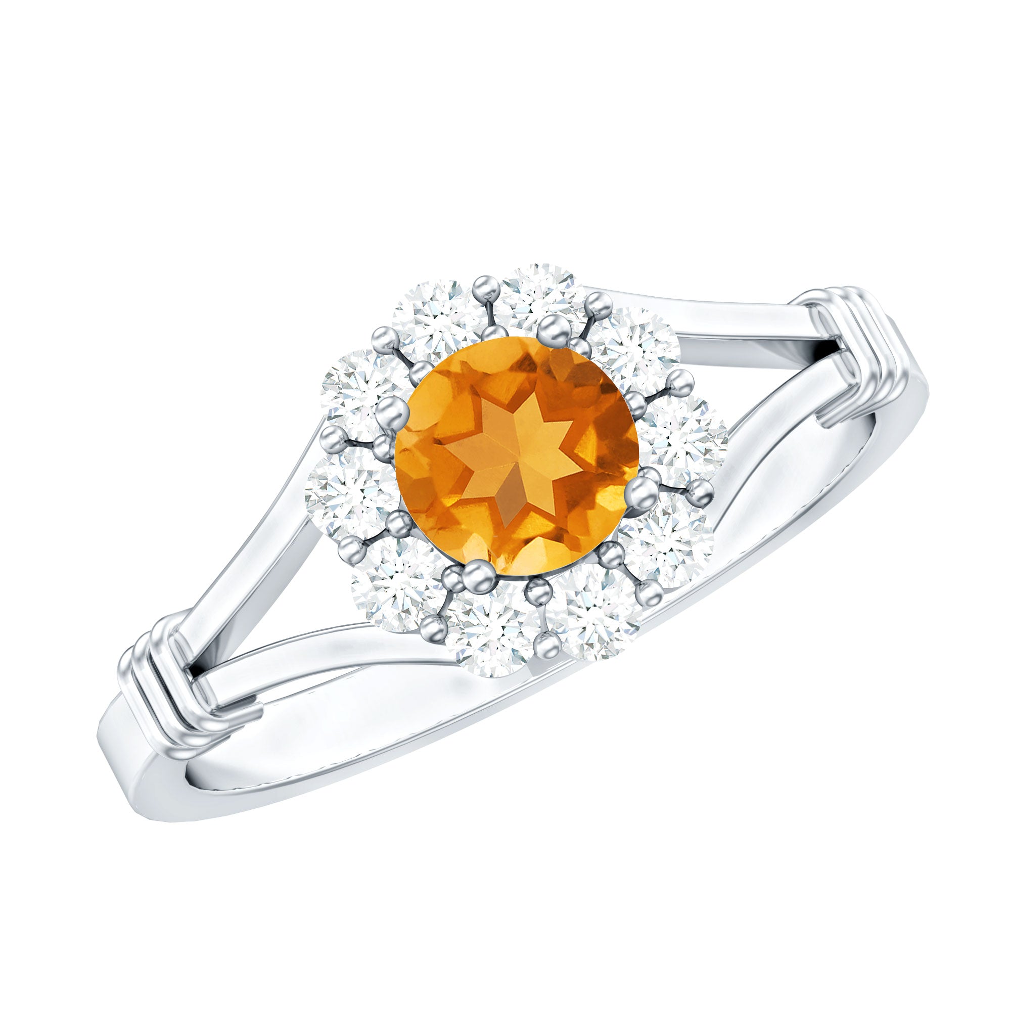 Genuine Citrine Diamond Flower Engagement Ring with Split Shank AAA - Rosec Jewels