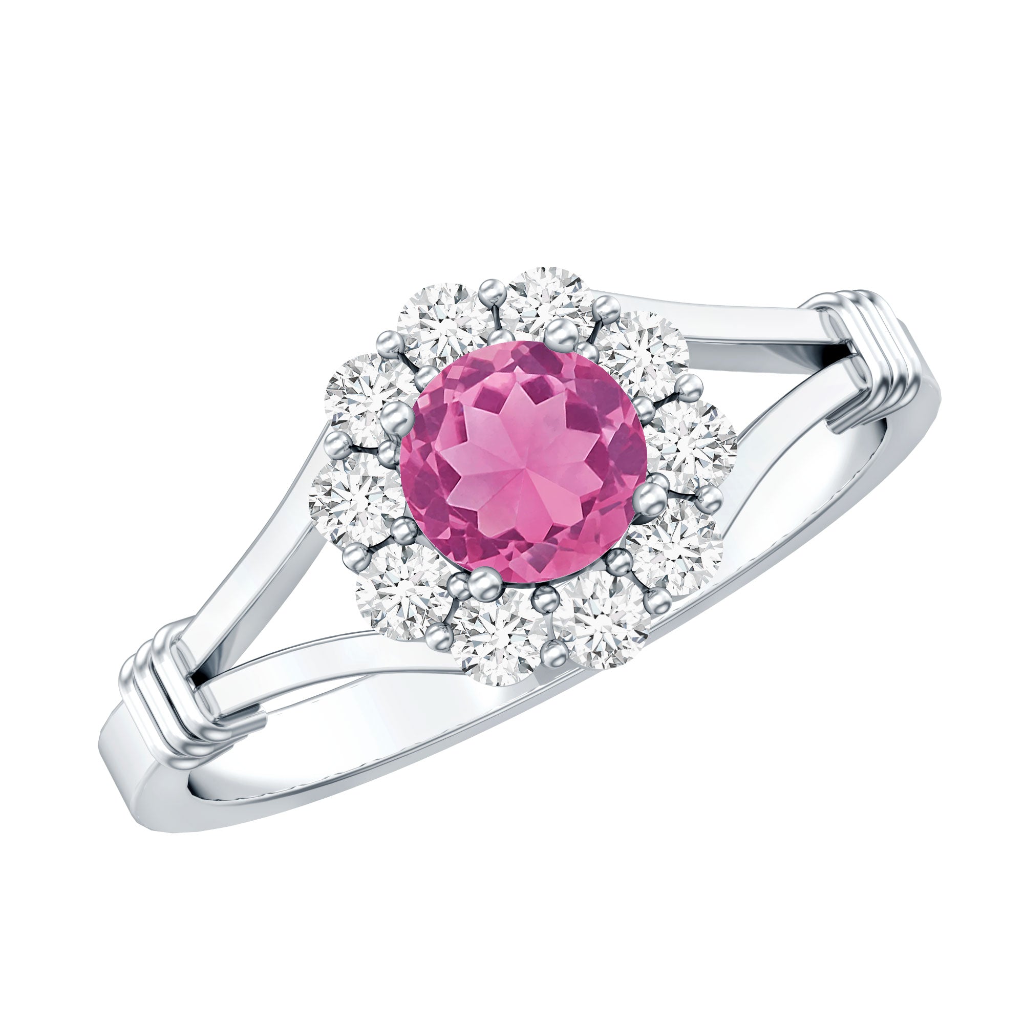Real Pink Tourmaline and Diamond Engagement Ring in Split Shank AAA - Rosec Jewels