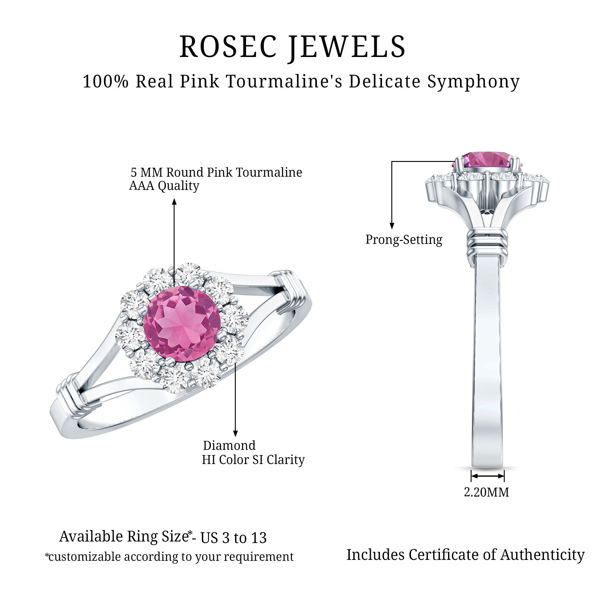 Real Pink Tourmaline and Diamond Engagement Ring in Split Shank AAA - Rosec Jewels