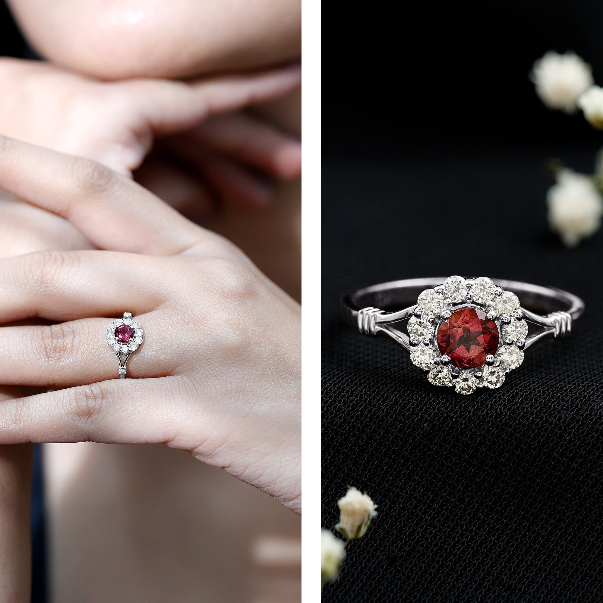 Real Pink Tourmaline and Diamond Engagement Ring in Split Shank AAA - Rosec Jewels