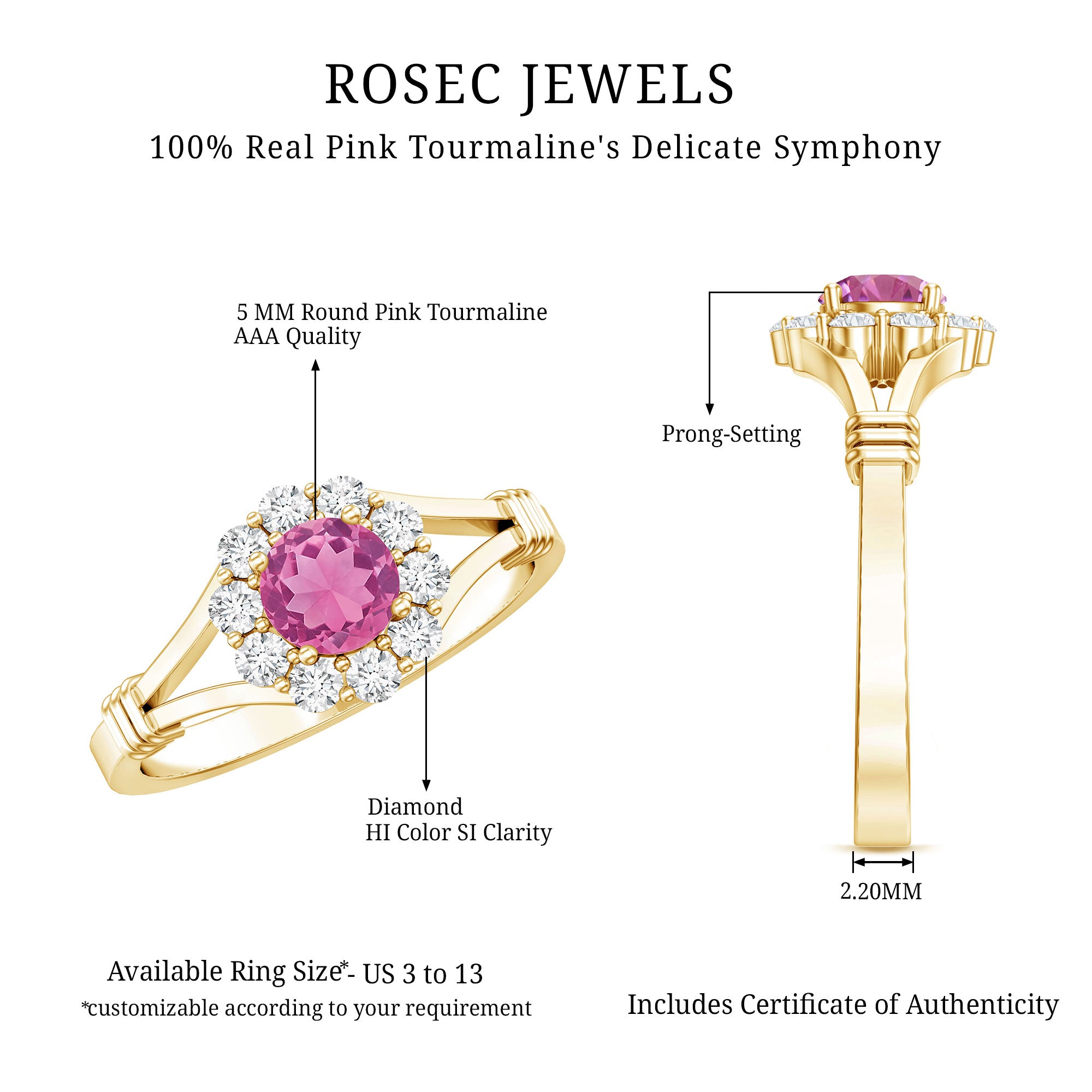 Real Pink Tourmaline and Diamond Engagement Ring in Split Shank AAA - Rosec Jewels