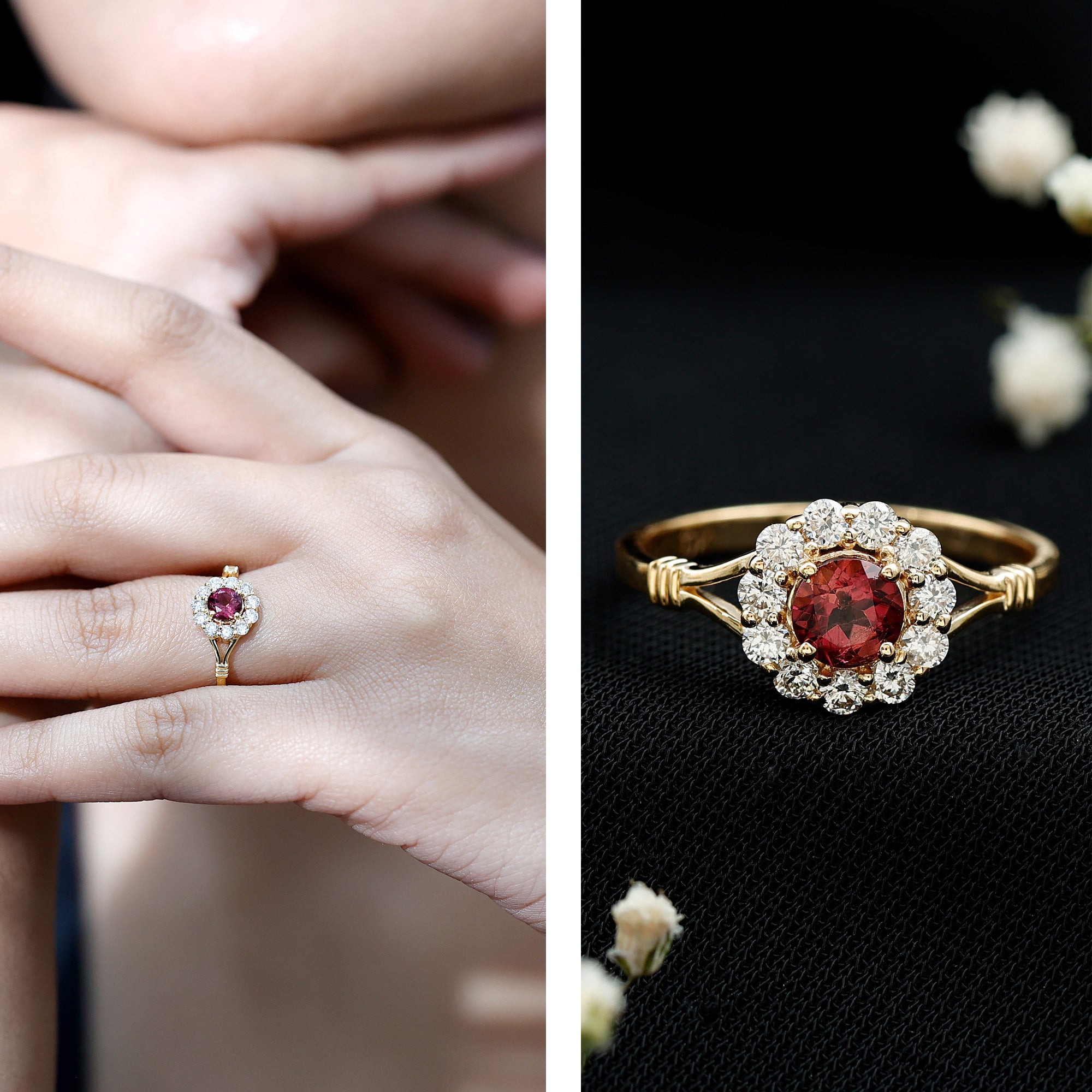 Real Pink Tourmaline and Diamond Engagement Ring in Split Shank AAA - Rosec Jewels