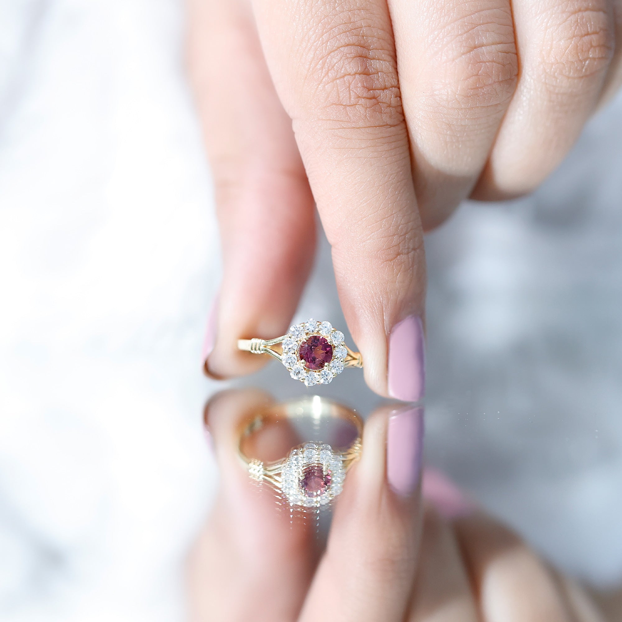 Real Pink Tourmaline and Diamond Engagement Ring in Split Shank AAA - Rosec Jewels