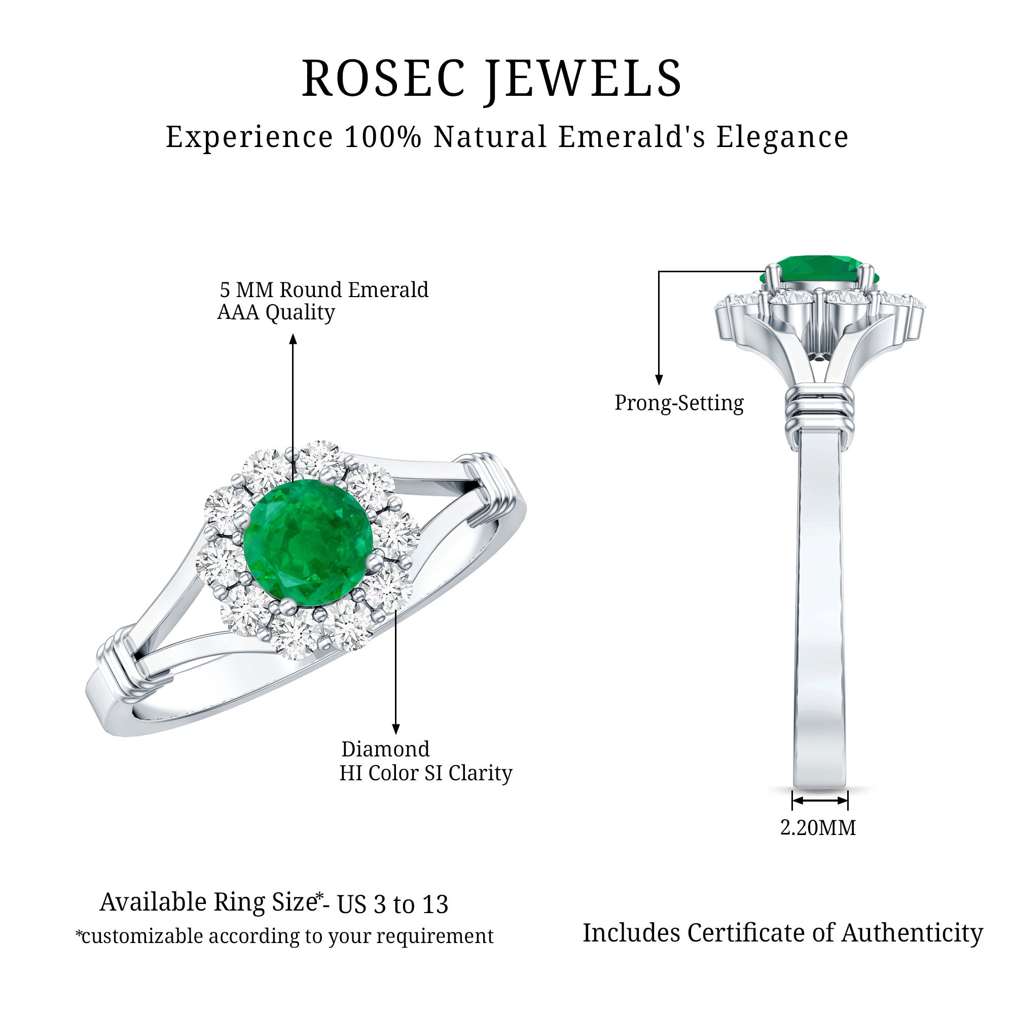 Emerald Nature Inspired Engagement Ring with Diamond Halo AAA - Rosec Jewels