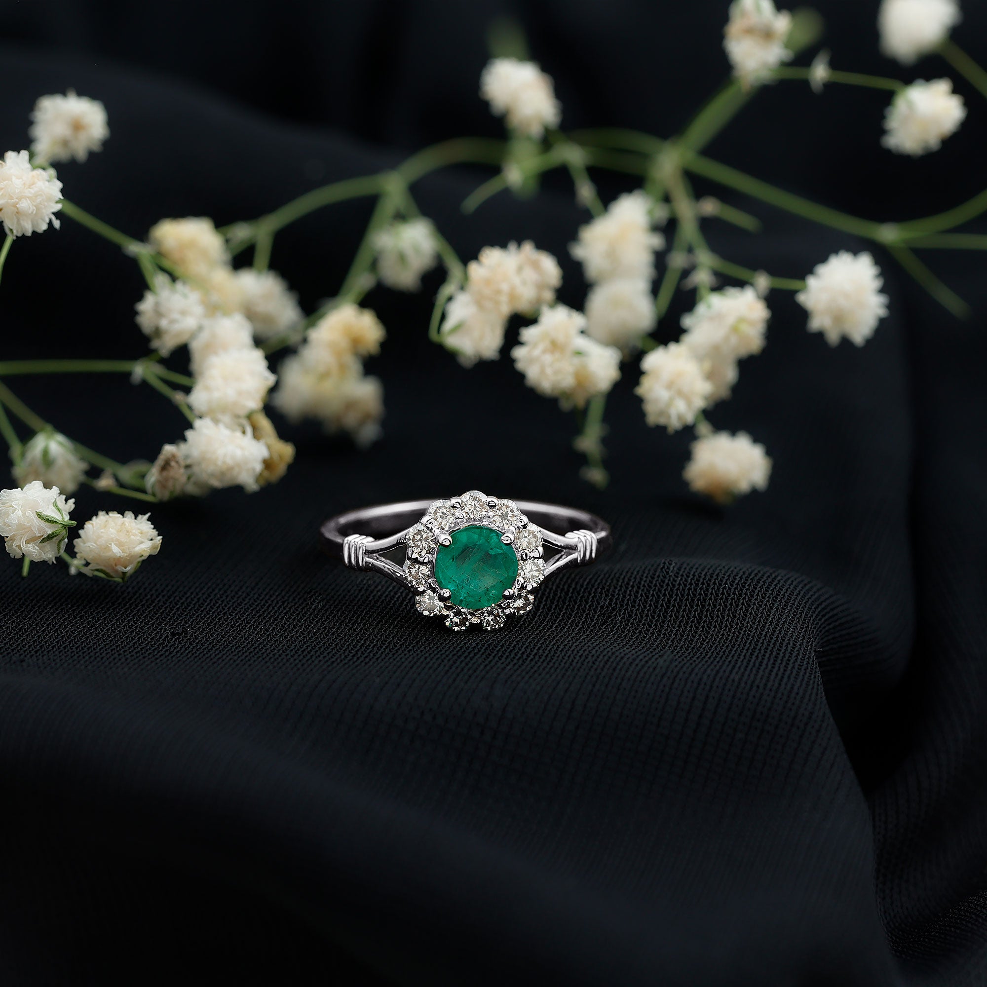 Emerald Nature Inspired Engagement Ring with Diamond Halo AAA - Rosec Jewels