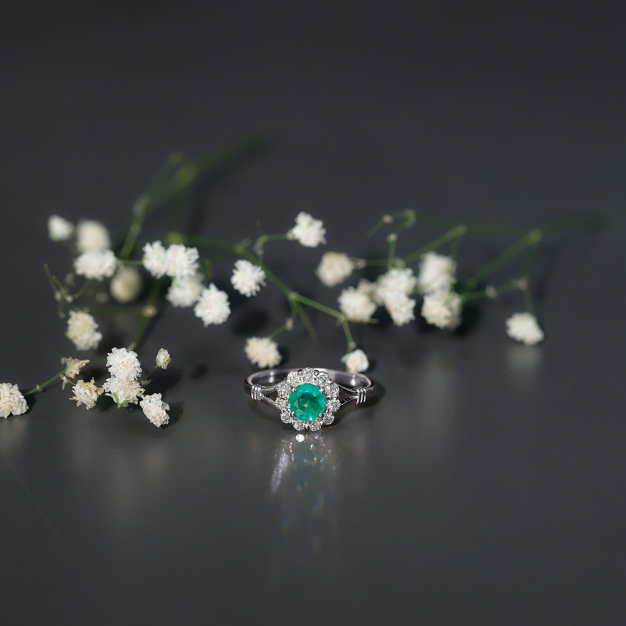 Emerald Nature Inspired Engagement Ring with Diamond Halo AAA - Rosec Jewels