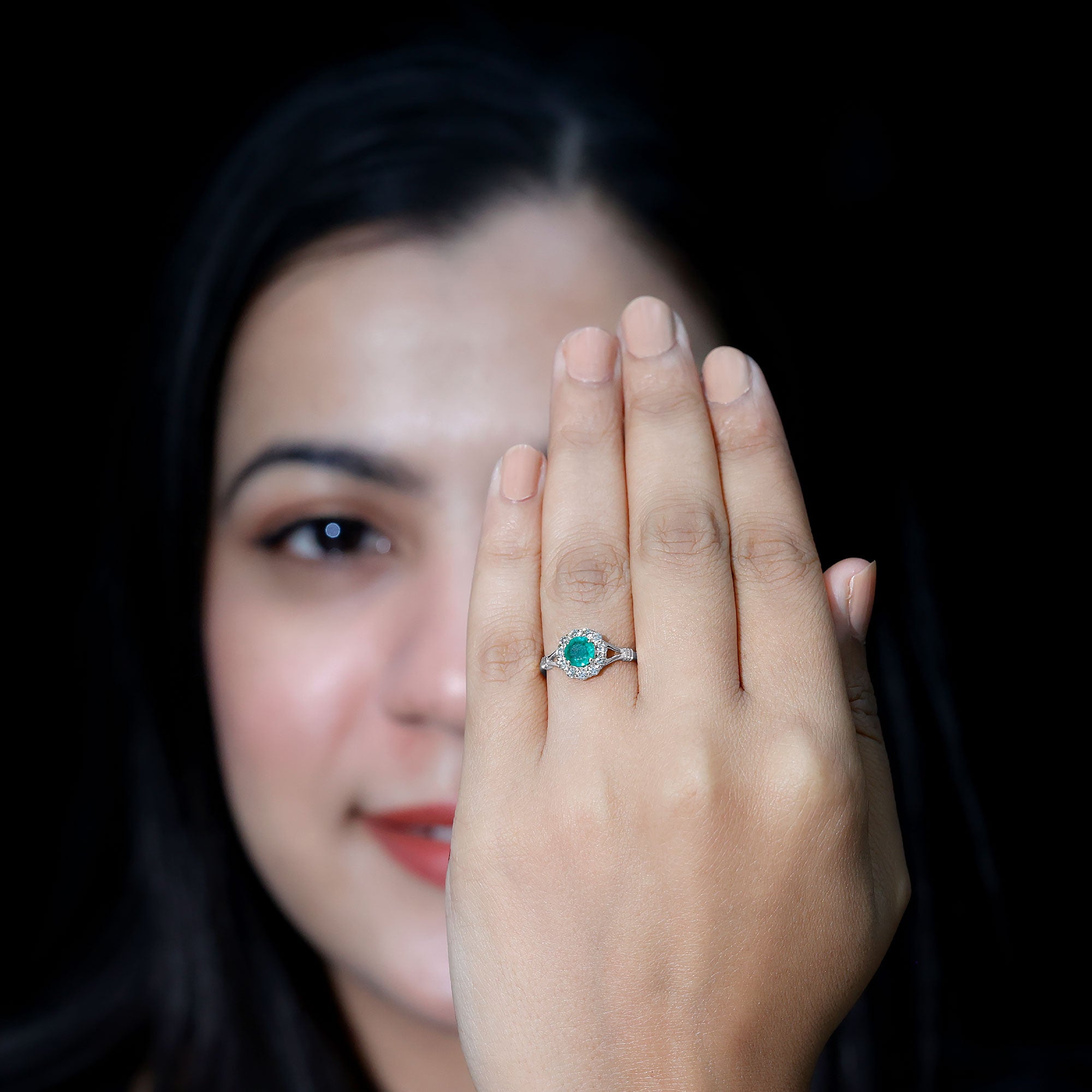 Emerald Nature Inspired Engagement Ring with Diamond Halo AAA - Rosec Jewels