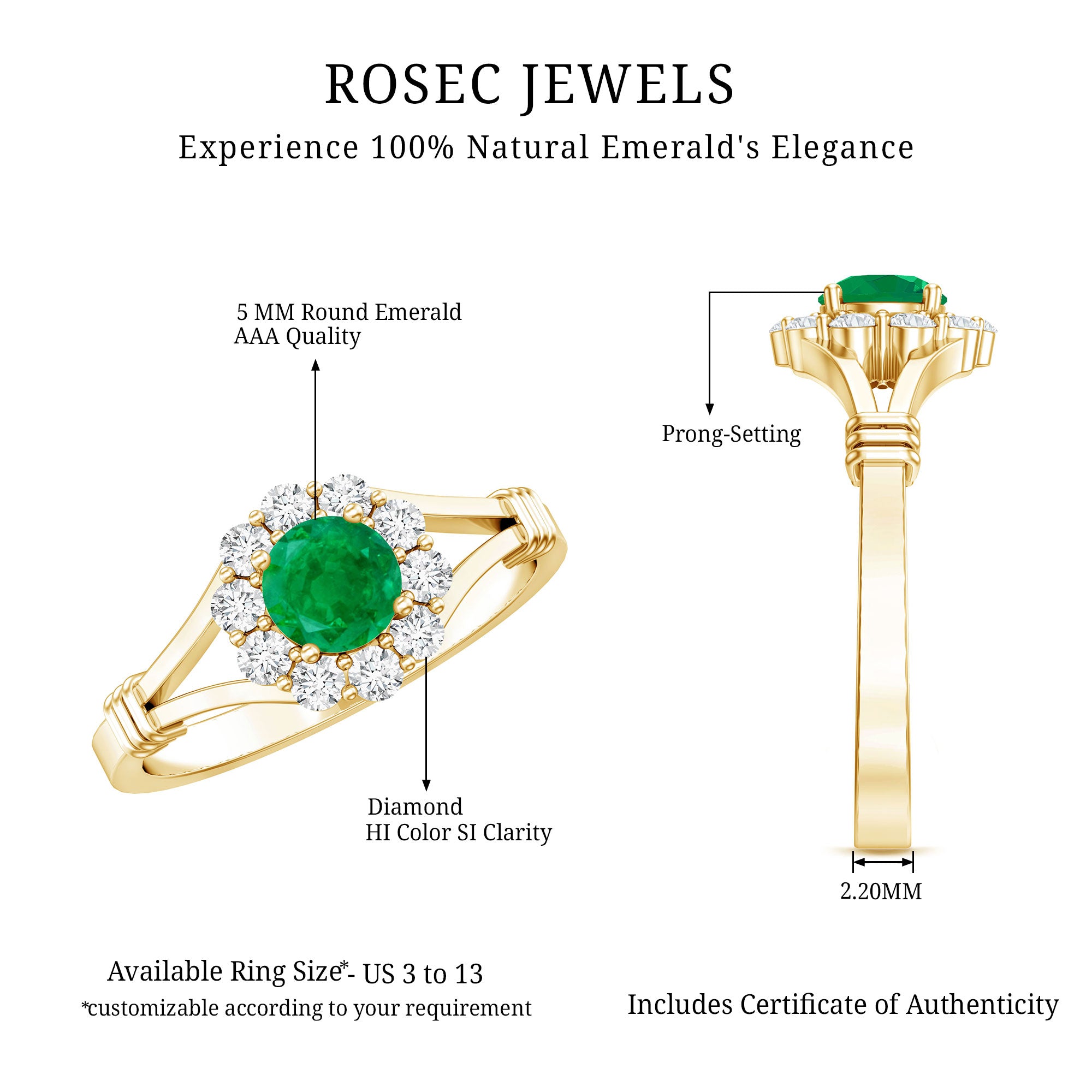 Emerald Nature Inspired Engagement Ring with Diamond Halo AAA - Rosec Jewels