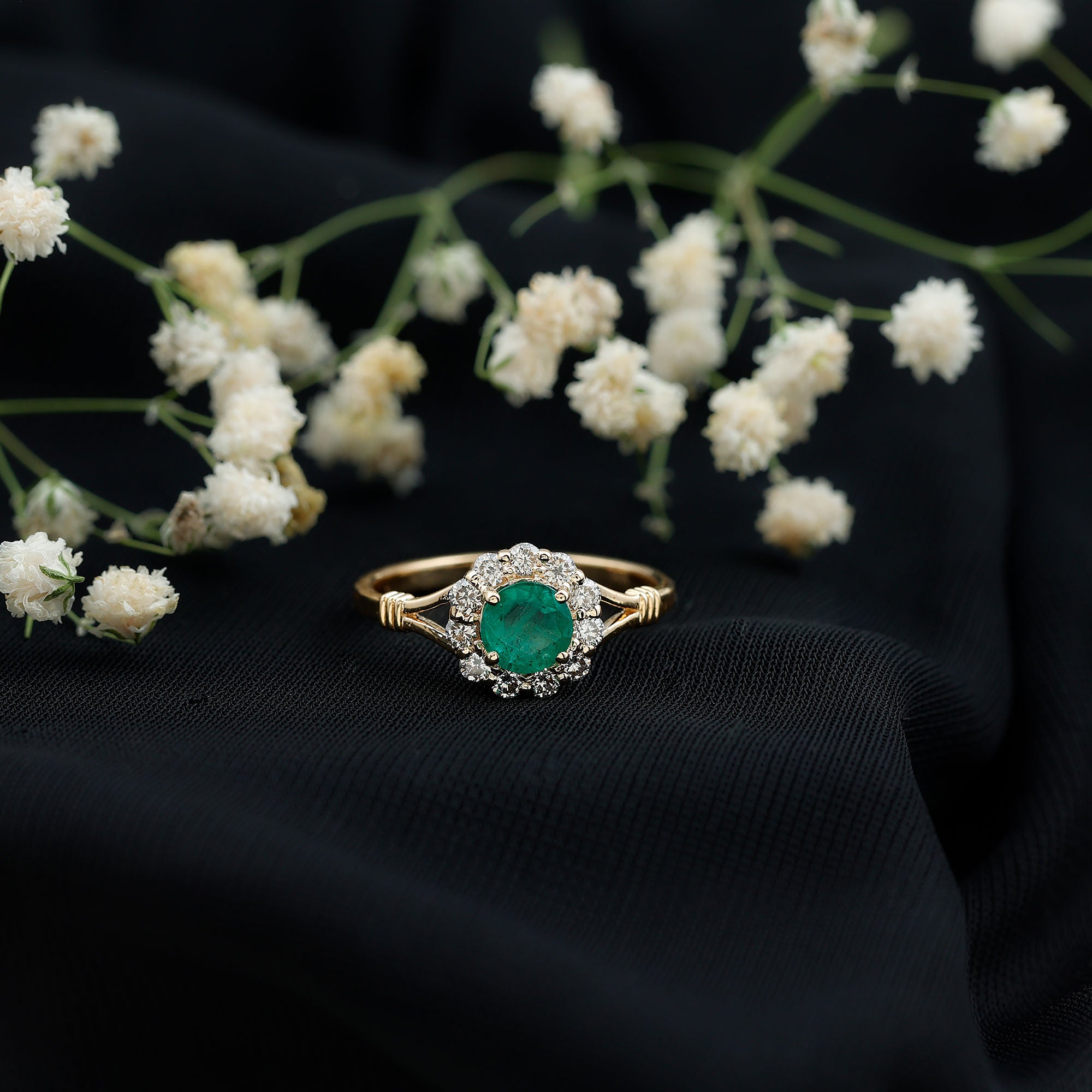 Emerald Nature Inspired Engagement Ring with Diamond Halo AAA - Rosec Jewels